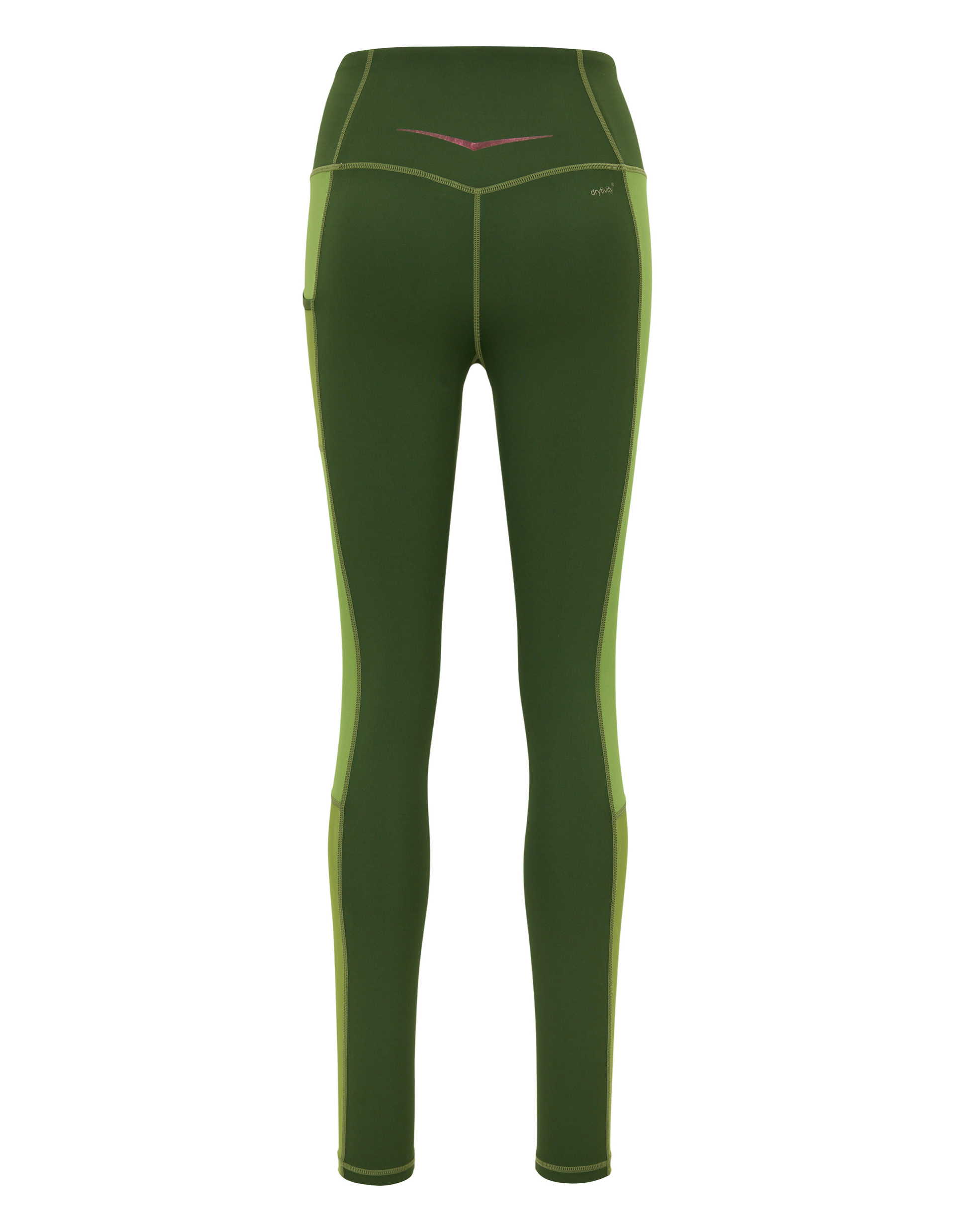 Grüne Leggings mit helleren Seitenstreifen und hohem Bund, Rückansicht; auffällige Nahtdetails oben.