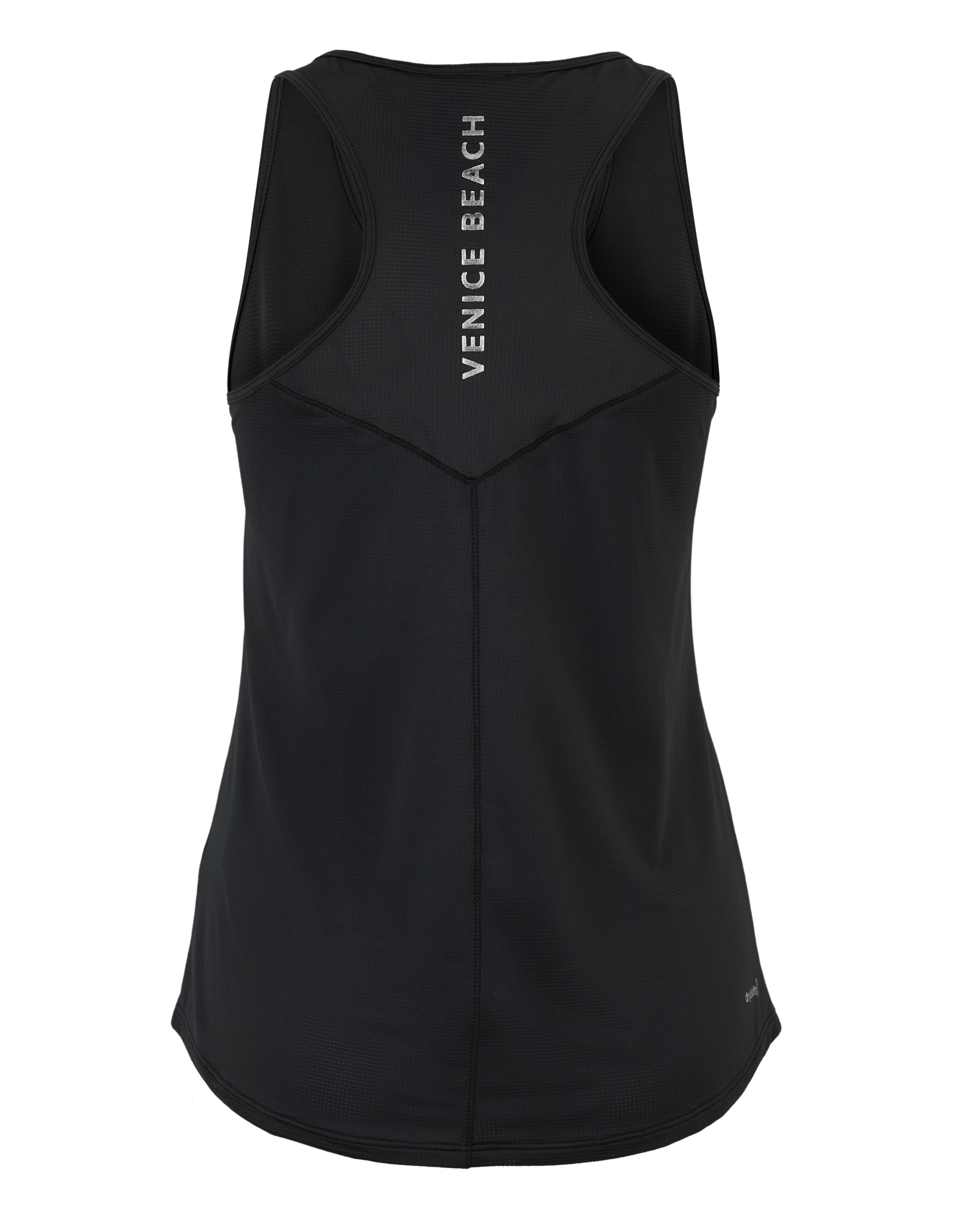 Schwarzes ärmelloses Sporttop mit "VENICE BEACH" Schriftzug auf dem Rücken und Racerback-Design für optimale Bewegungsfreiheit.