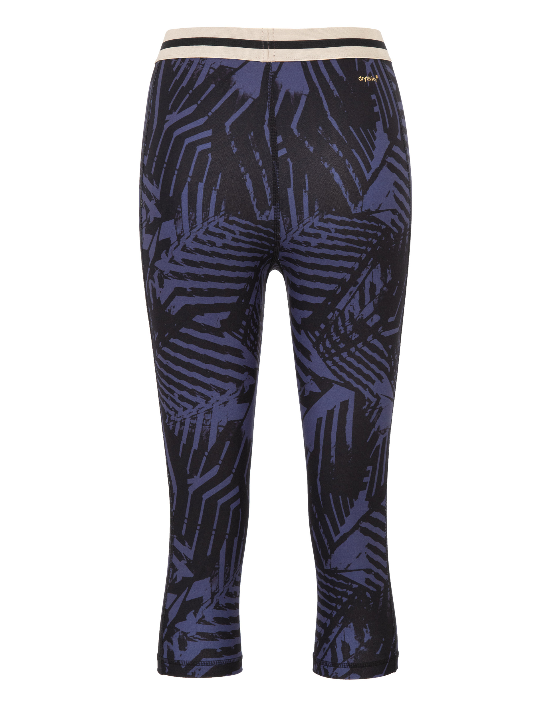 Dunkelblaue Leggings mit schwarzem geometrischem Muster und beigem elastischem Bund, ideal für Sport oder Freizeitaktivitäten.
