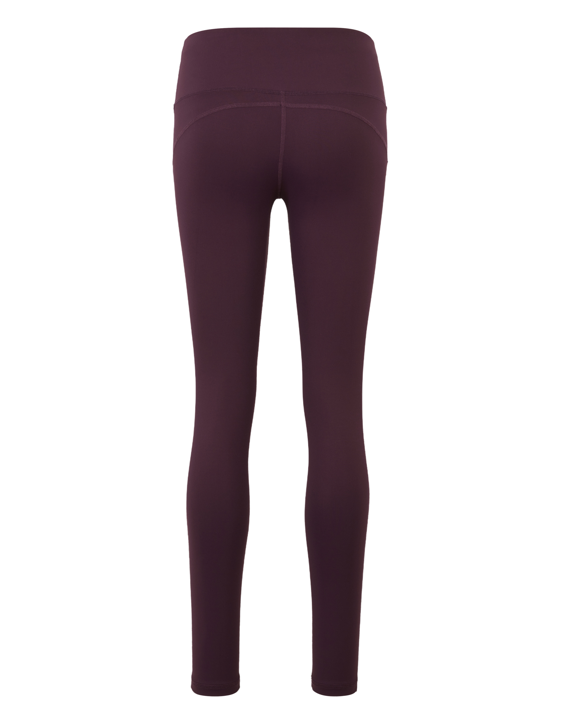 Dunkellila Leggings aus elastischem Material, Rückansicht, mit hohem Bund und nahtloser Verarbeitung für einen glatten Look.