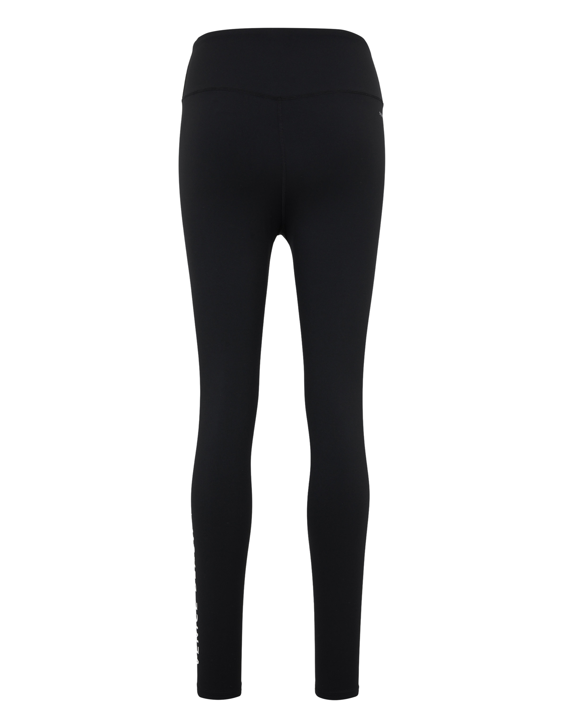 Schwarze Leggings mit hohem Bund, schlichtem Design und kleinem weißen Logo am rechten Bein, Rückansicht.