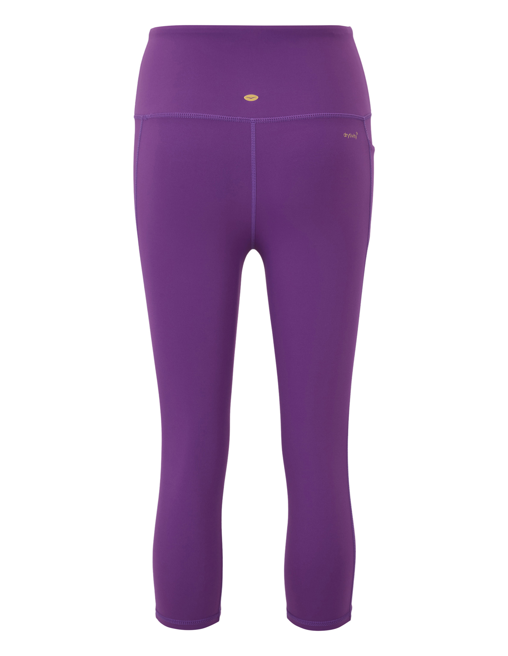 Ein Paar tiefviolette 3/4-Leggings mit elastischem Bund und kleinen Taschen an den Seiten.