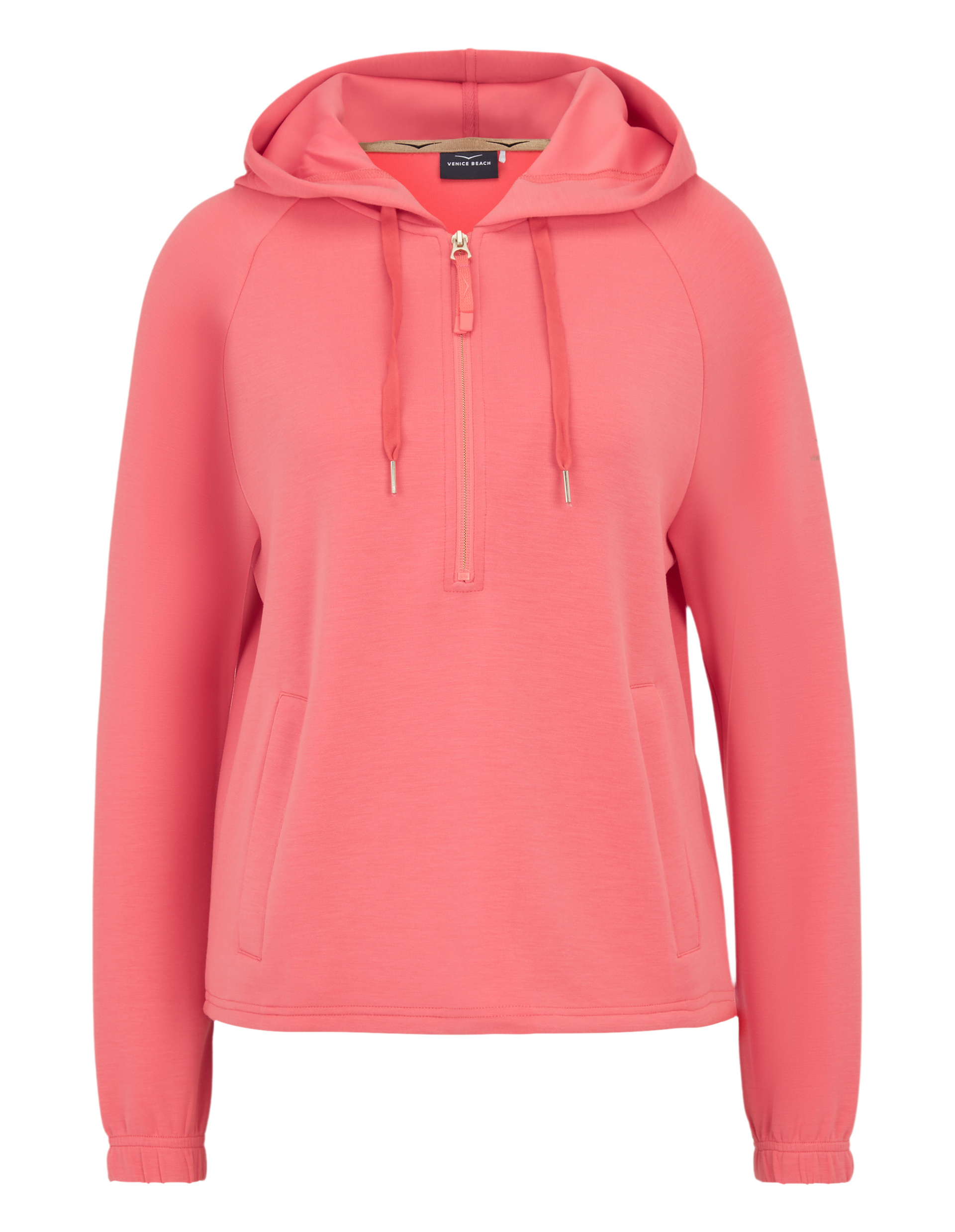 Leuchtend rosa Kapuzenpullover mit halbem Reißverschluss, Kordeln und Seitentaschen, ideal für gemütliche Outfits.