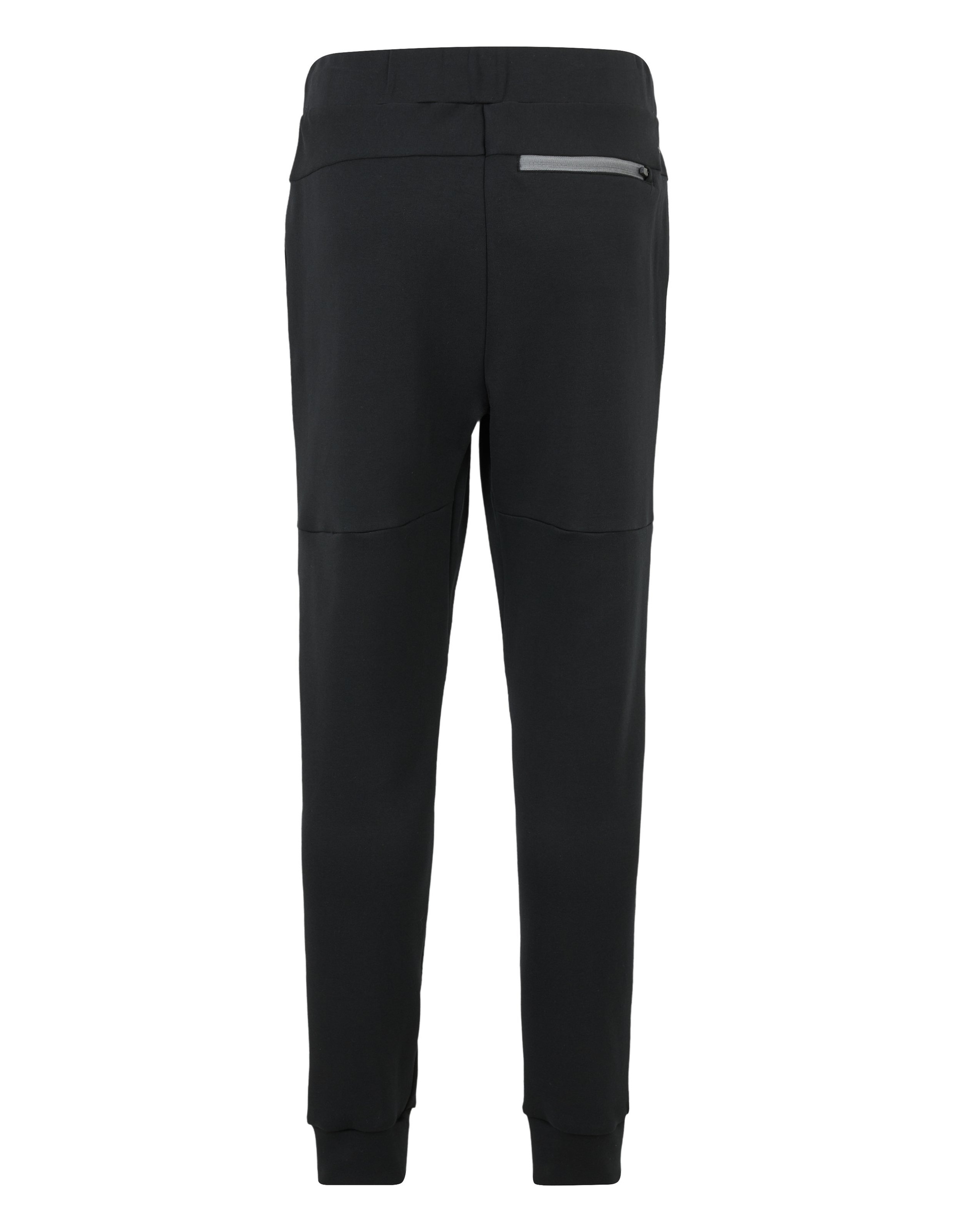 Schwarze Jogginghose mit elastischem Bund, Kordelzug und zwei seitlichen Taschen in schlichtem Design und schmalem Schnitt.
