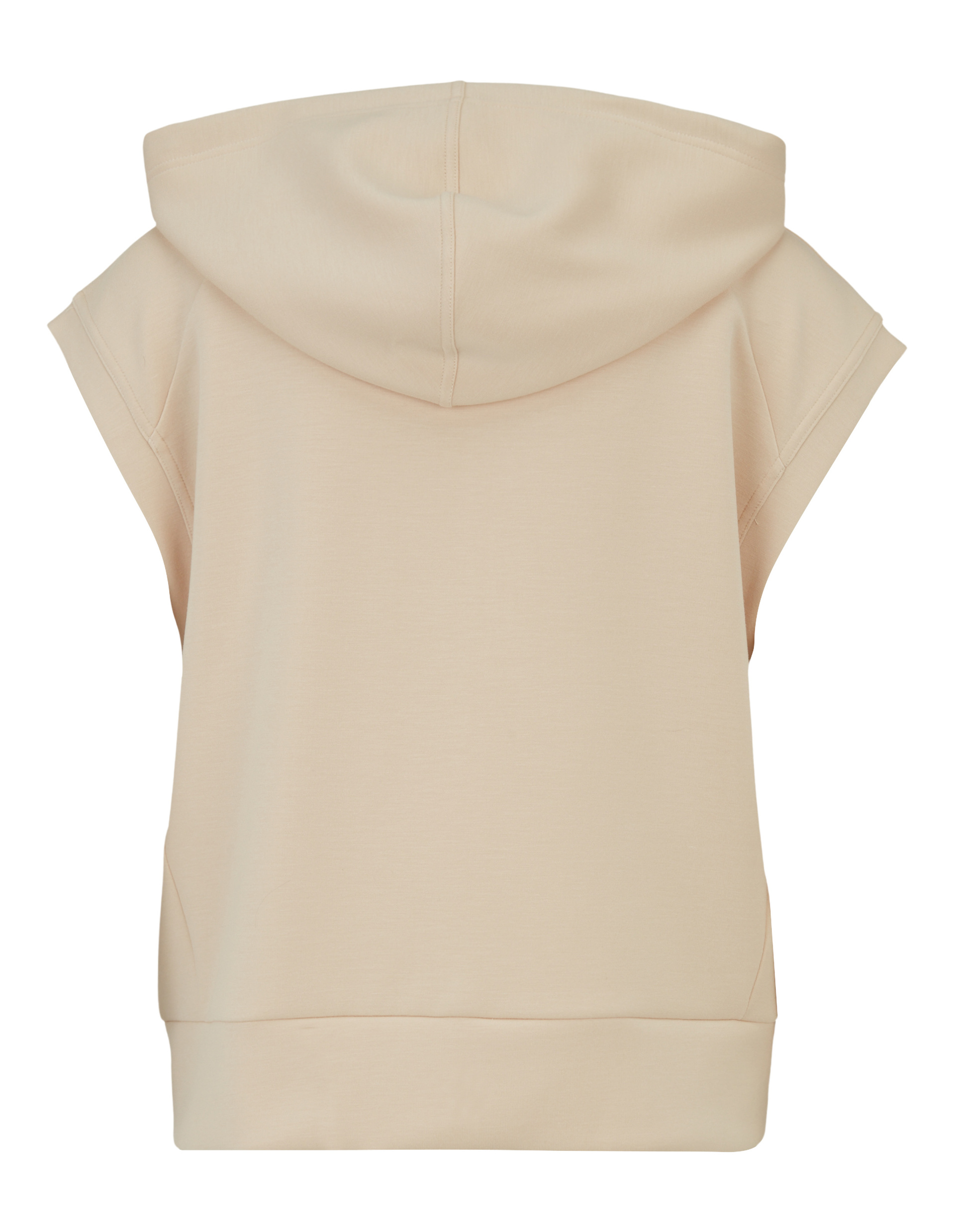 Beigefarbener ärmelloser Hoodie von hinten mit Kapuze und breitem Bündchen aus weichem, leicht dehnbarem Stoff.