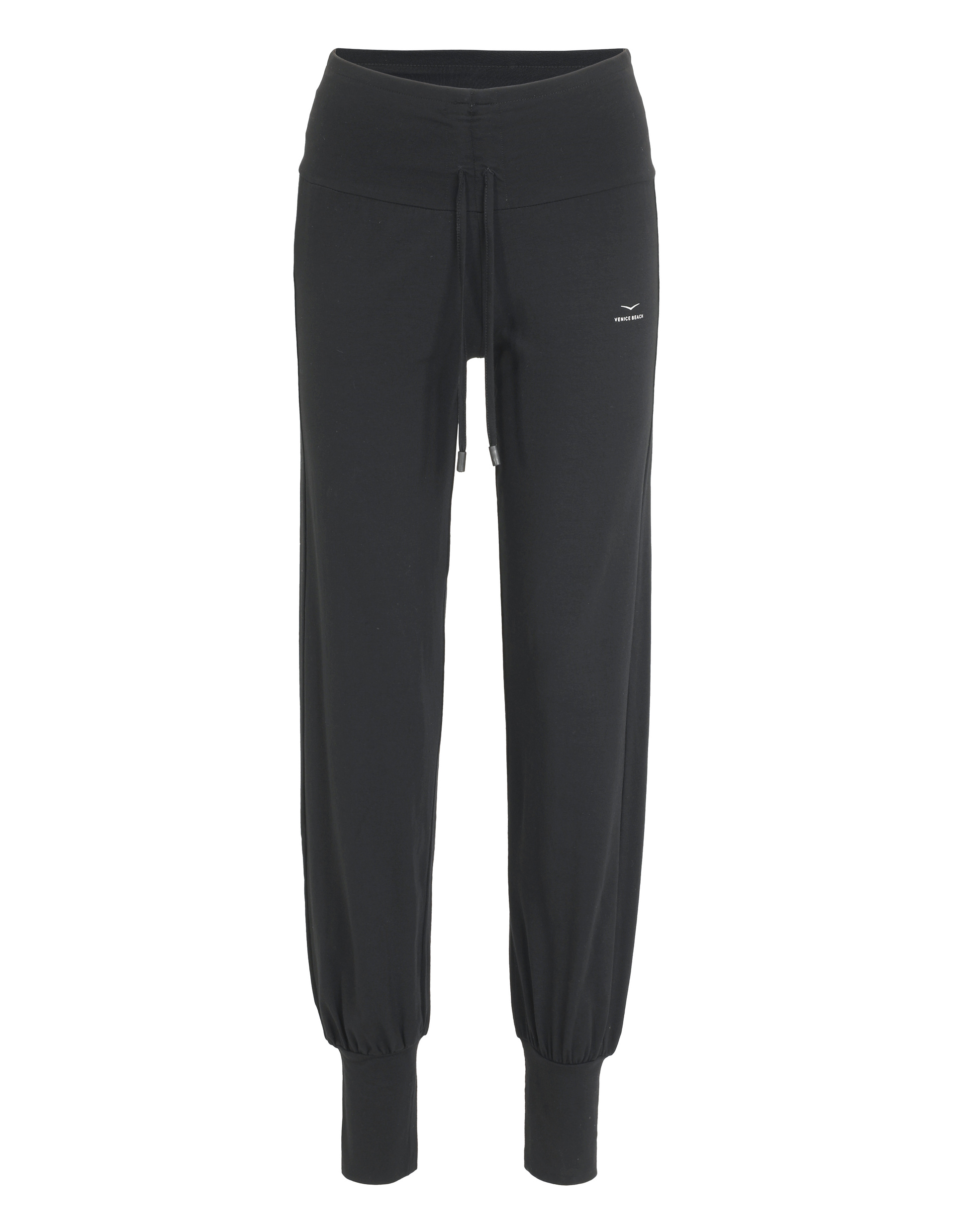 Schwarze Hose mit Tunnelzug und elastischem Bund, die an den Knöcheln locker fällt.