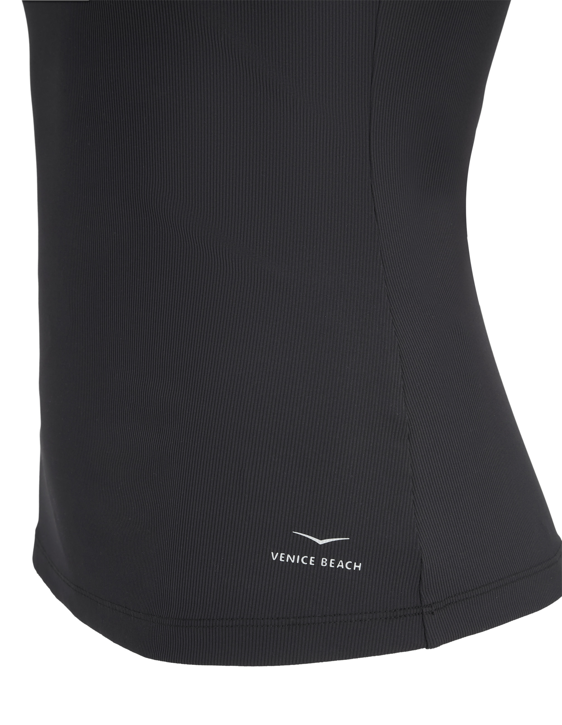 Schwarzes, eng anliegendes Sportoberteil mit feinen vertikalen Streifen und dem weißen Logo "Venice Beach" am unteren Rand.