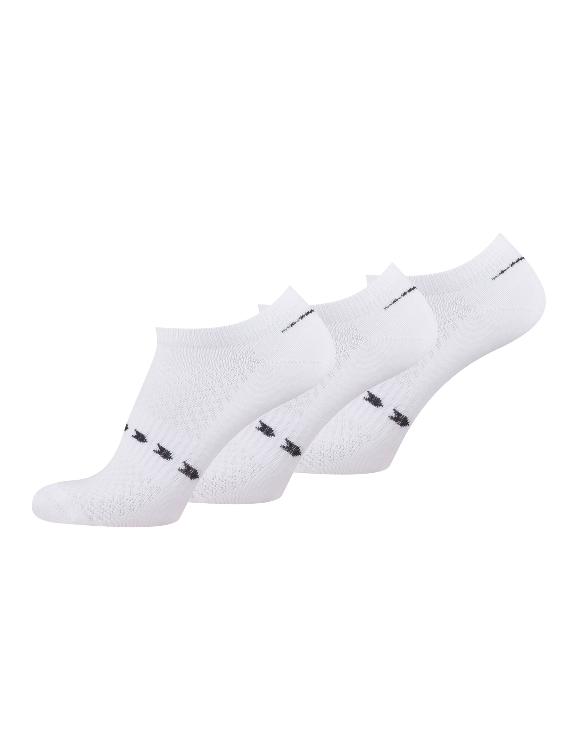 Drei Paar weiße, knöchelhohe Sportsocken mit schwarzen Streifenmuster am Spann, präsentiert auf neutralem, weißem Hintergrund.