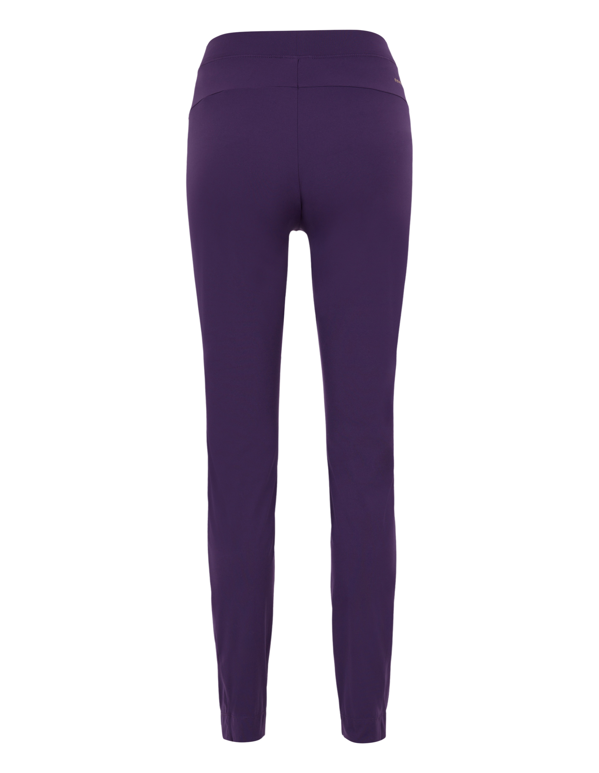 Dunkellila enge Hose von hinten, die nahtlose Verarbeitung und schmalen Schnitt betont, mit elastischem Bund.