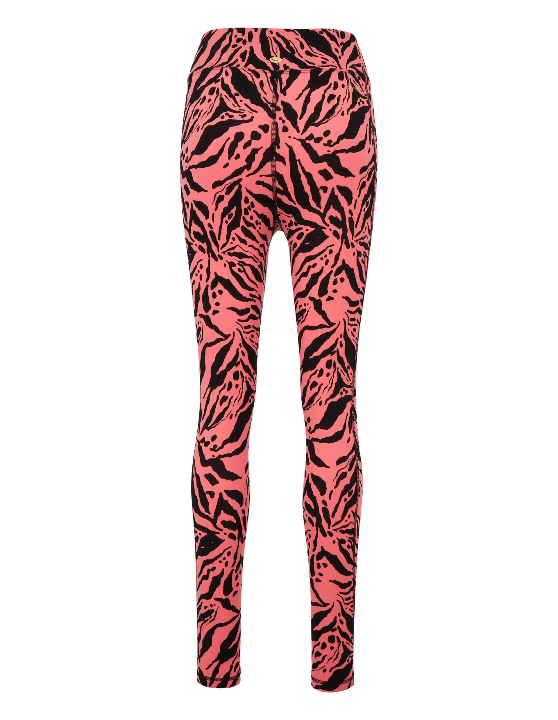 Rosa Leggings mit auffälligem schwarzen, abstrakten Tigerstreifenmuster, im Hinteransicht auf weißem Hintergrund präsentiert.