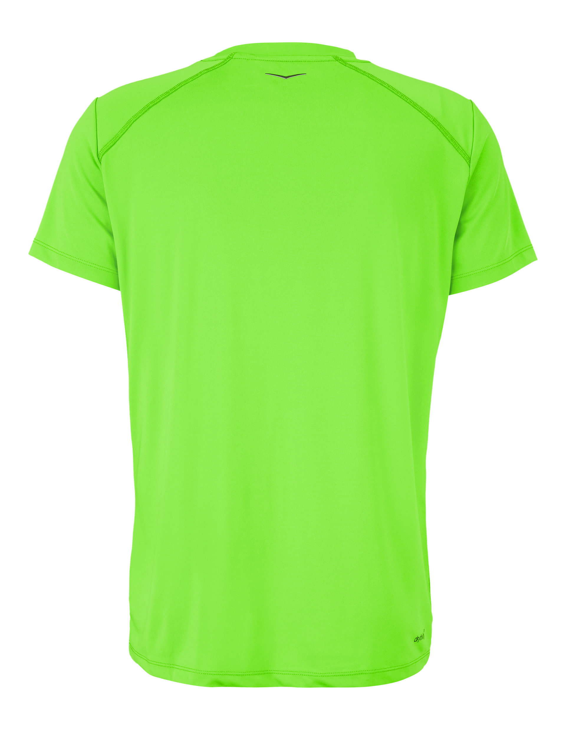 Rückansicht eines leuchtend grünen T-Shirts mit kurzen Ärmeln und einem dezenten Logo im Nackenbereich.