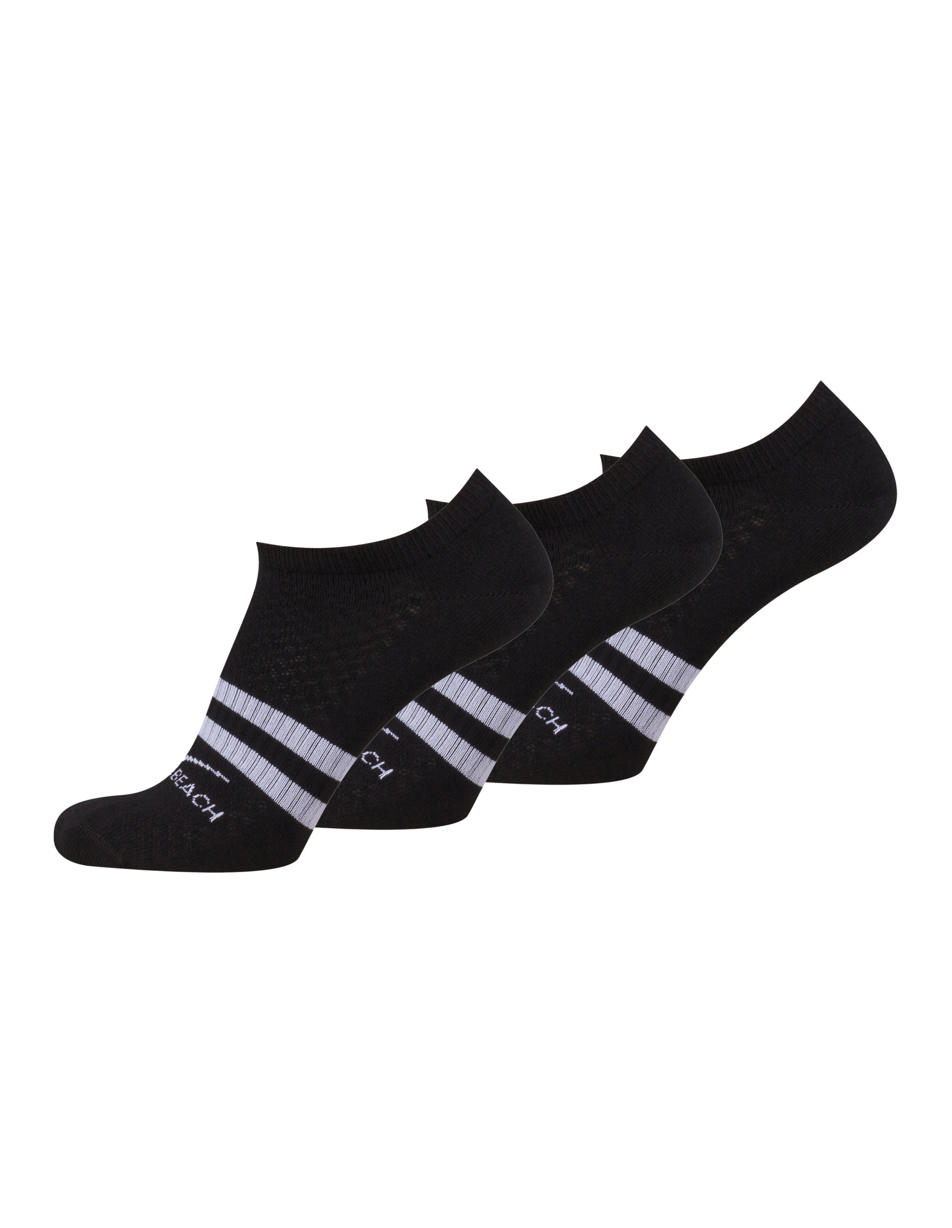 Drei schwarze Sneakersocken mit weißen Streifen und dem Schriftzug "Beach" am Fuß.