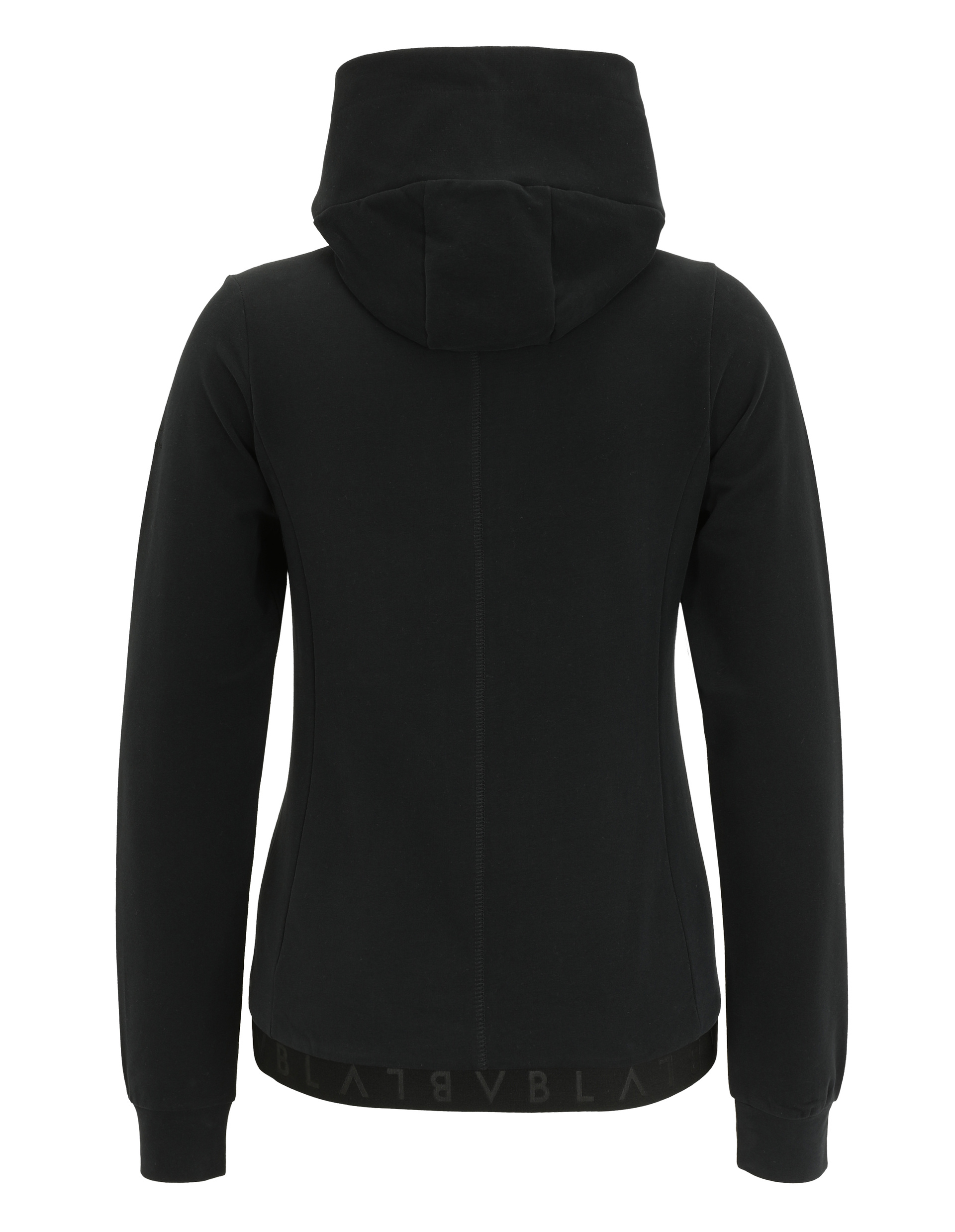 Schwarze Kapuzenjacke von hinten mit langem Ärmel, geradem Schnitt, breiten Bündchen am Saum und subtilen Nähten in der Mitte.