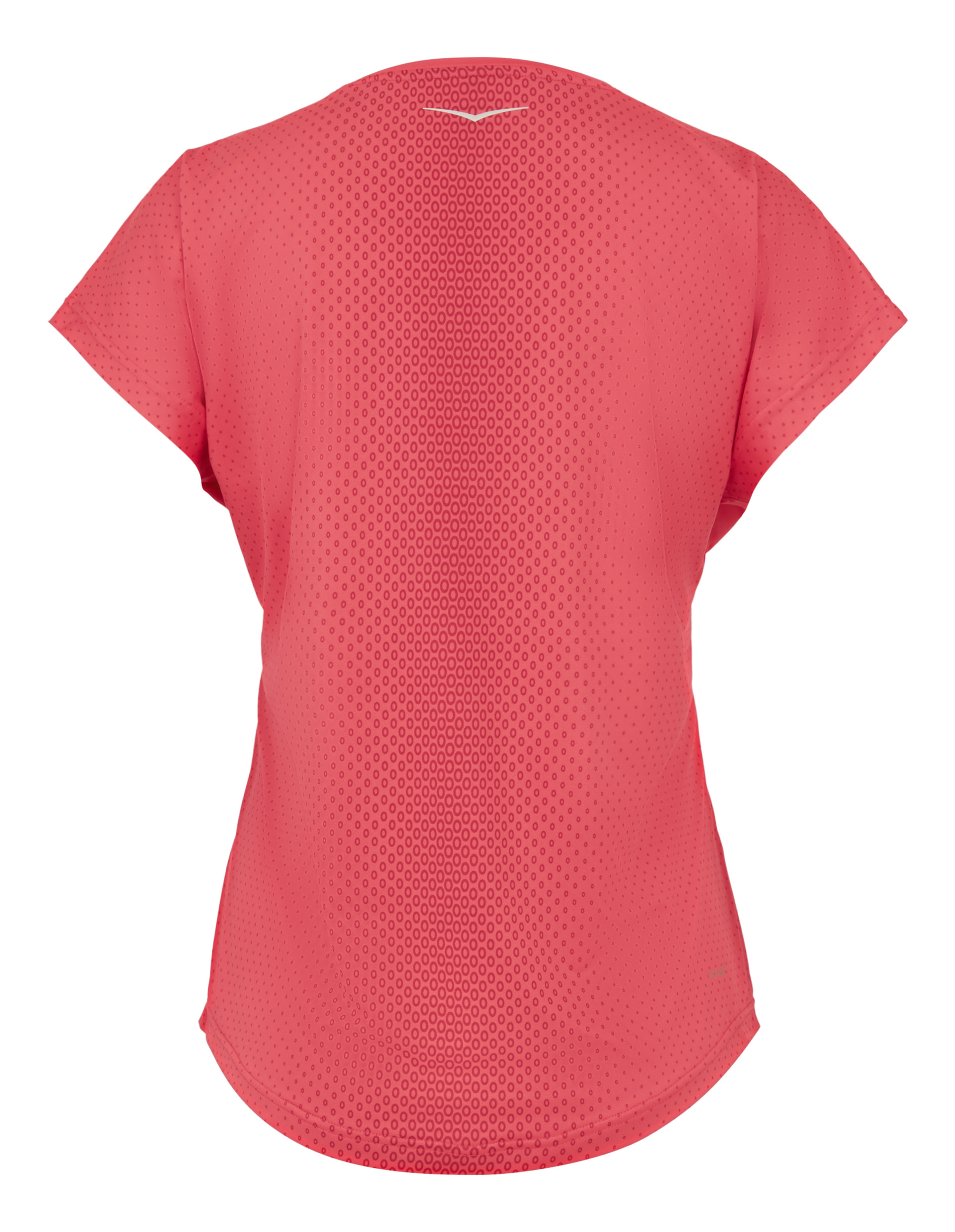 Ein rotes, kurzärmliges Sportshirt mit feinem Netzdesign auf der Rückseite, geeignet für Atmungsaktivität.