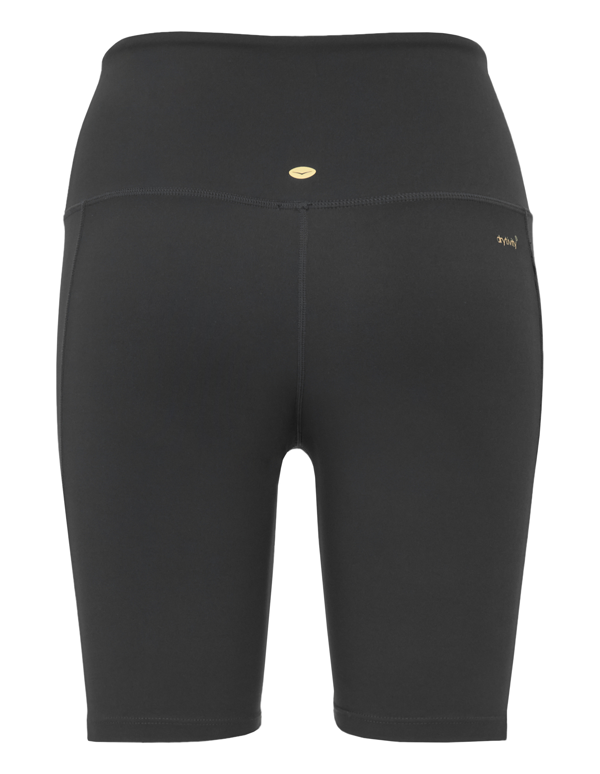 Schwarze, knielange Radlerhose mit hoher Taille, glattem Stoff und minimalistischen Nähten, ideal für Sport oder Freizeitaktivitäten.