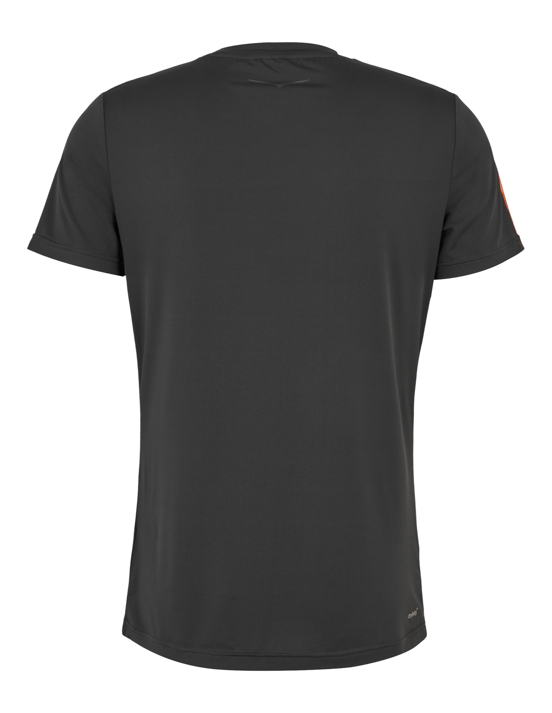 Schwarzes T-Shirt aus weichem Stoff, Rückansicht, mit kurzen Ärmeln und einem kleinen Logo unten rechts.