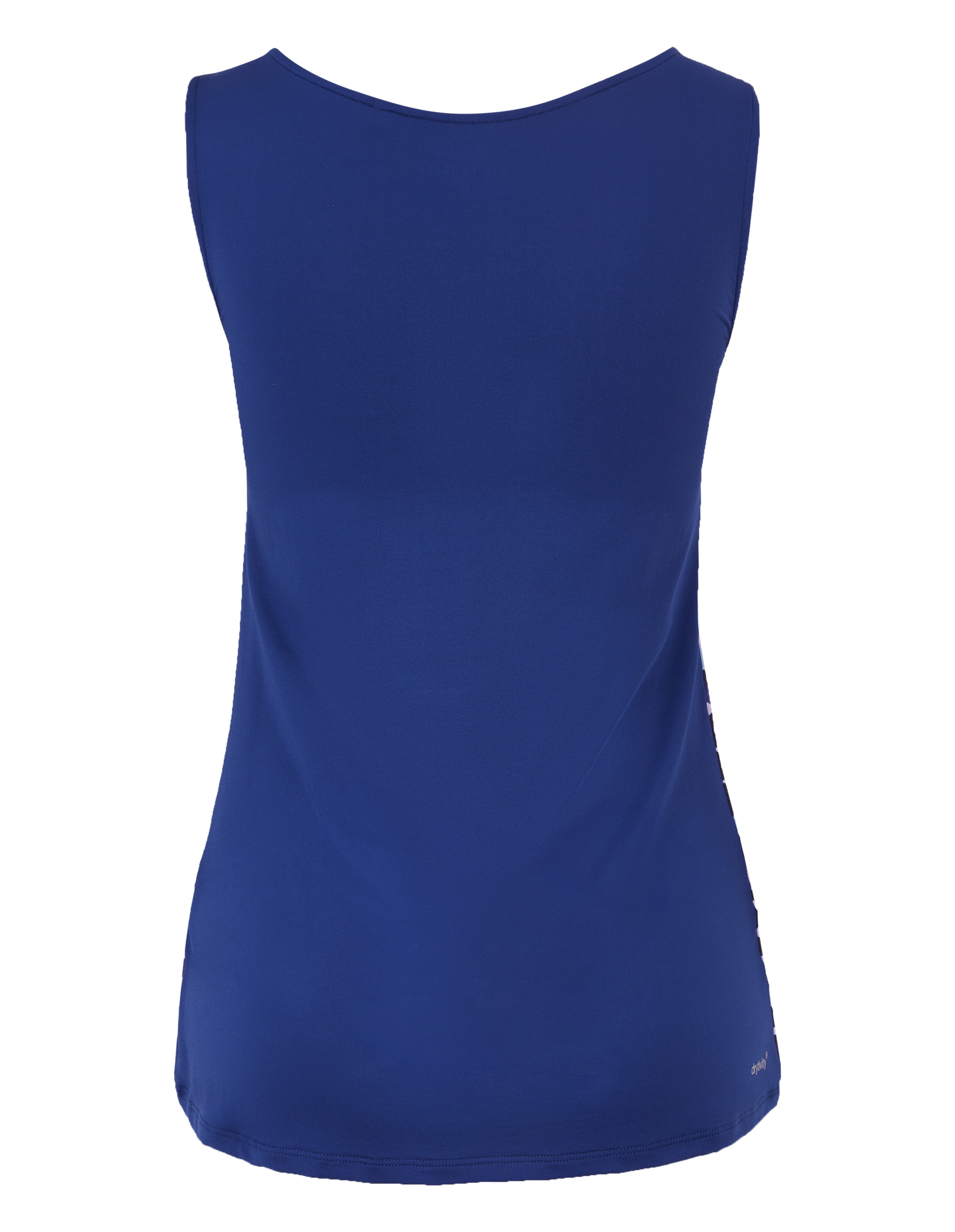 Rückansicht eines ärmellosen, dunkelblauen Tops mit Rundhalsausschnitt aus glattem Stoff; schlichtes, einfarbiges Design.
