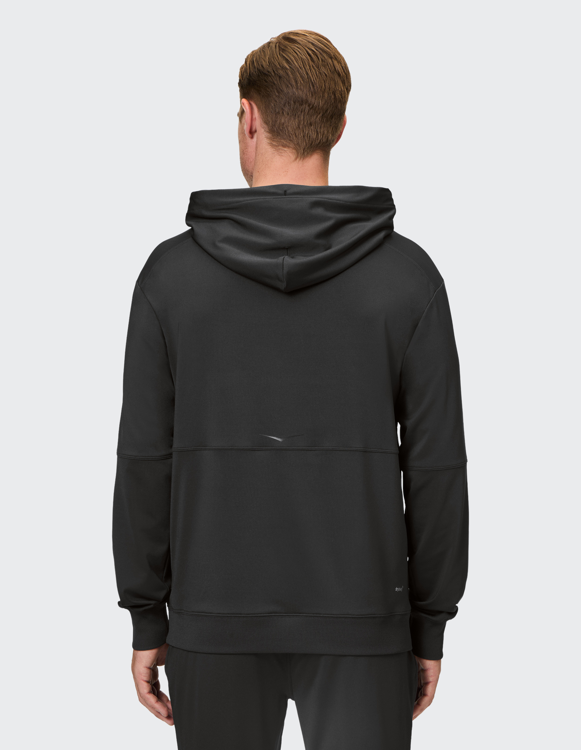 Dunkelgrauer Kapuzenpullover mit Kordeln, langen Ärmeln und Rippenbündchen, schlichtes Design, leicht strukturiertes Material.