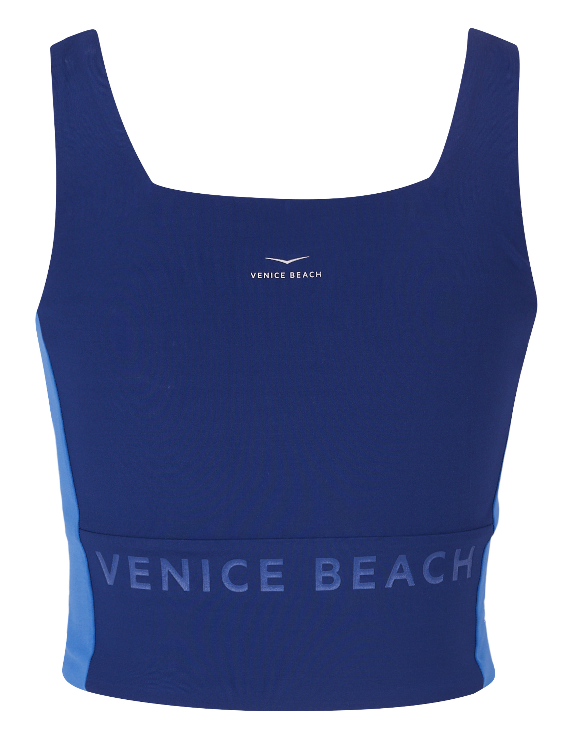 Blaues Sport-Bustier mit breiten Trägern und Venice Beach-Aufdruck auf Brust und Bund, mit hellblauen Seitenstreifen.