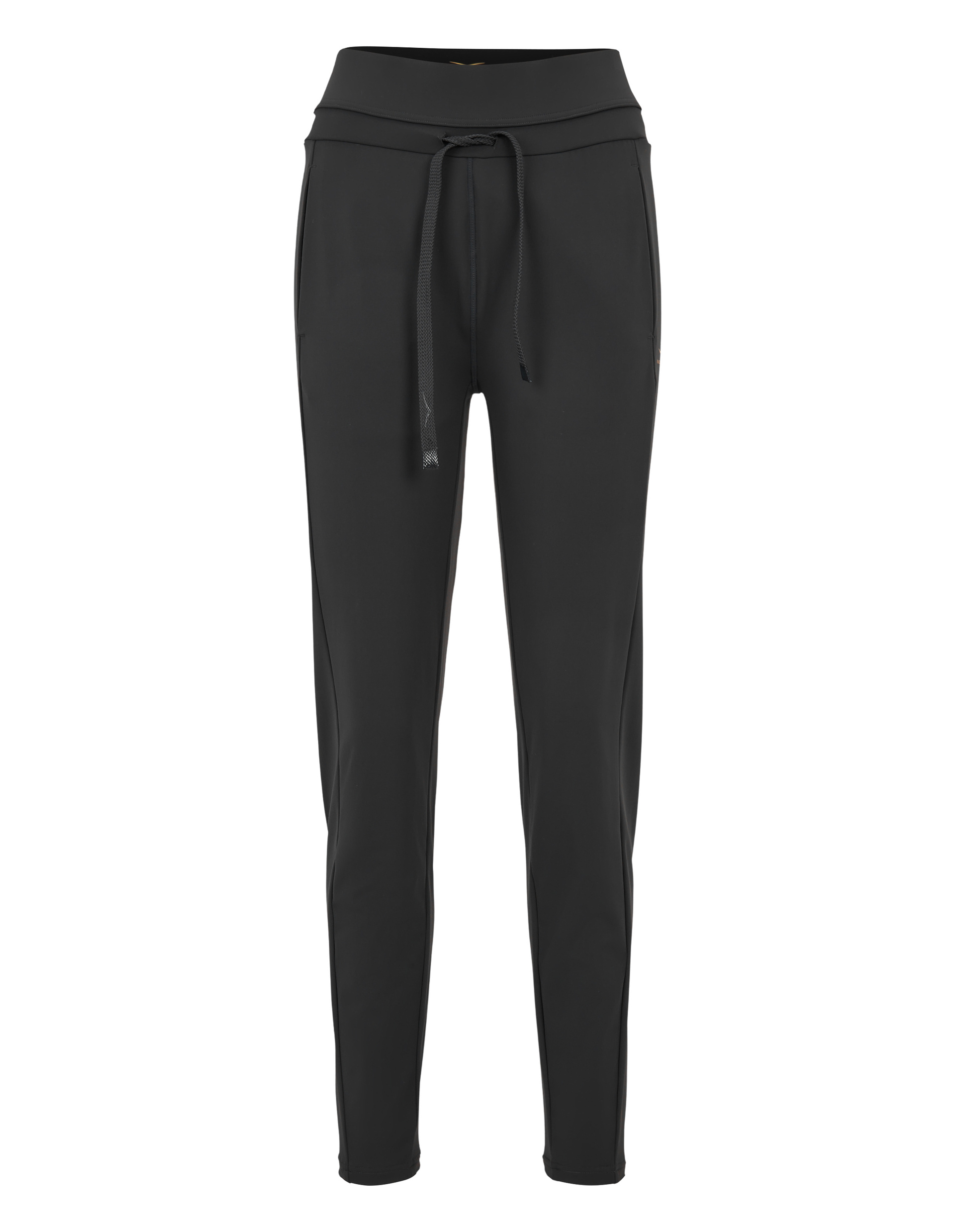 Schwarze Hose mit Kordelzug und schmalem Bein.