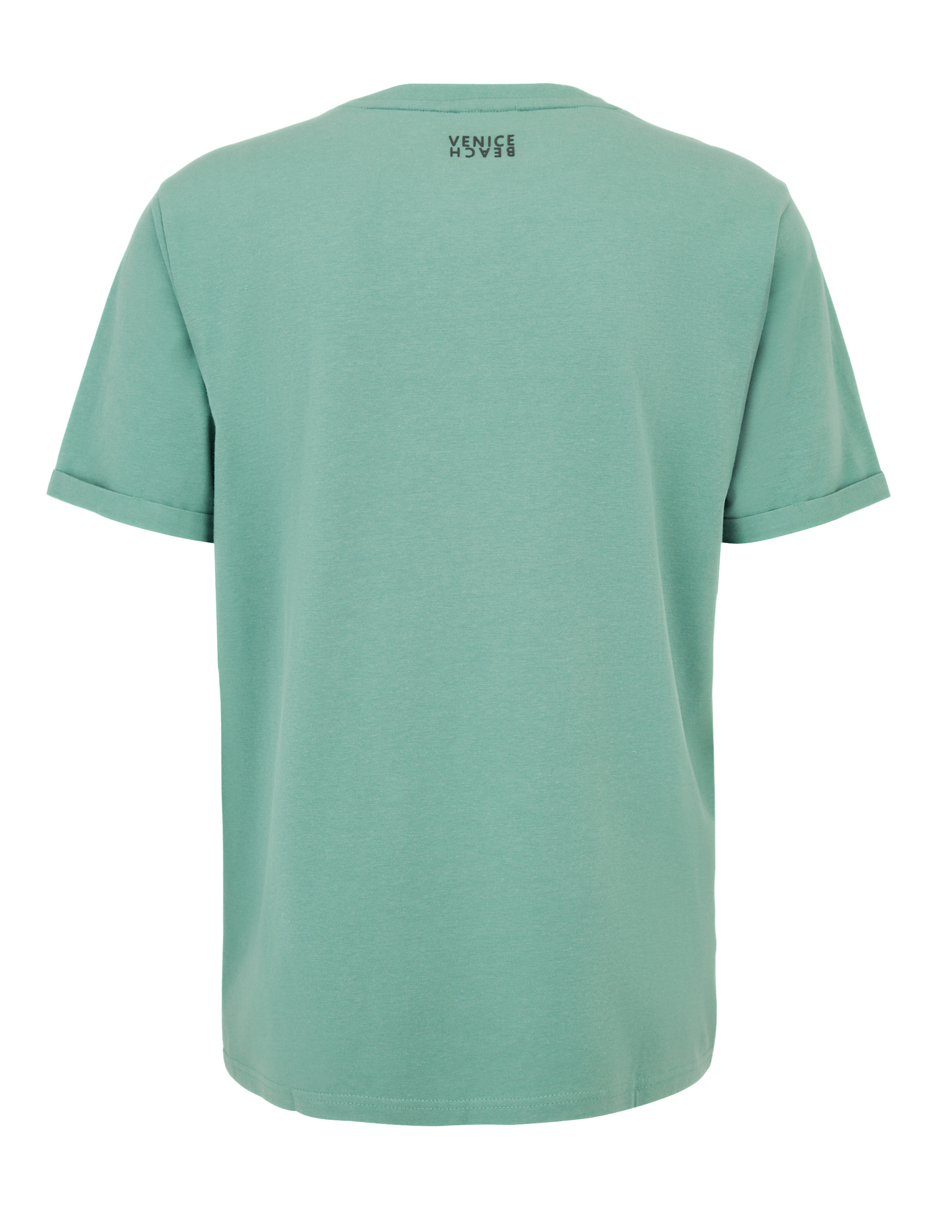 Grünes T-Shirt mit kurzen Ärmeln, Rückansicht, kleines "Venice Beach"-Logo oben zentriert unter dem Kragen.