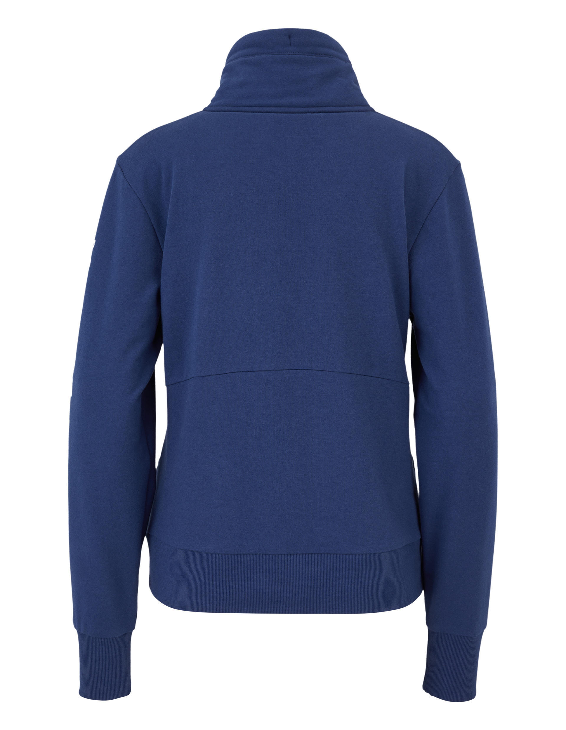 Blauer Pullover mit hohem Kragen und langen Ärmeln, Ansicht von hinten, nahtloses Design mit gerippten Bündchen.