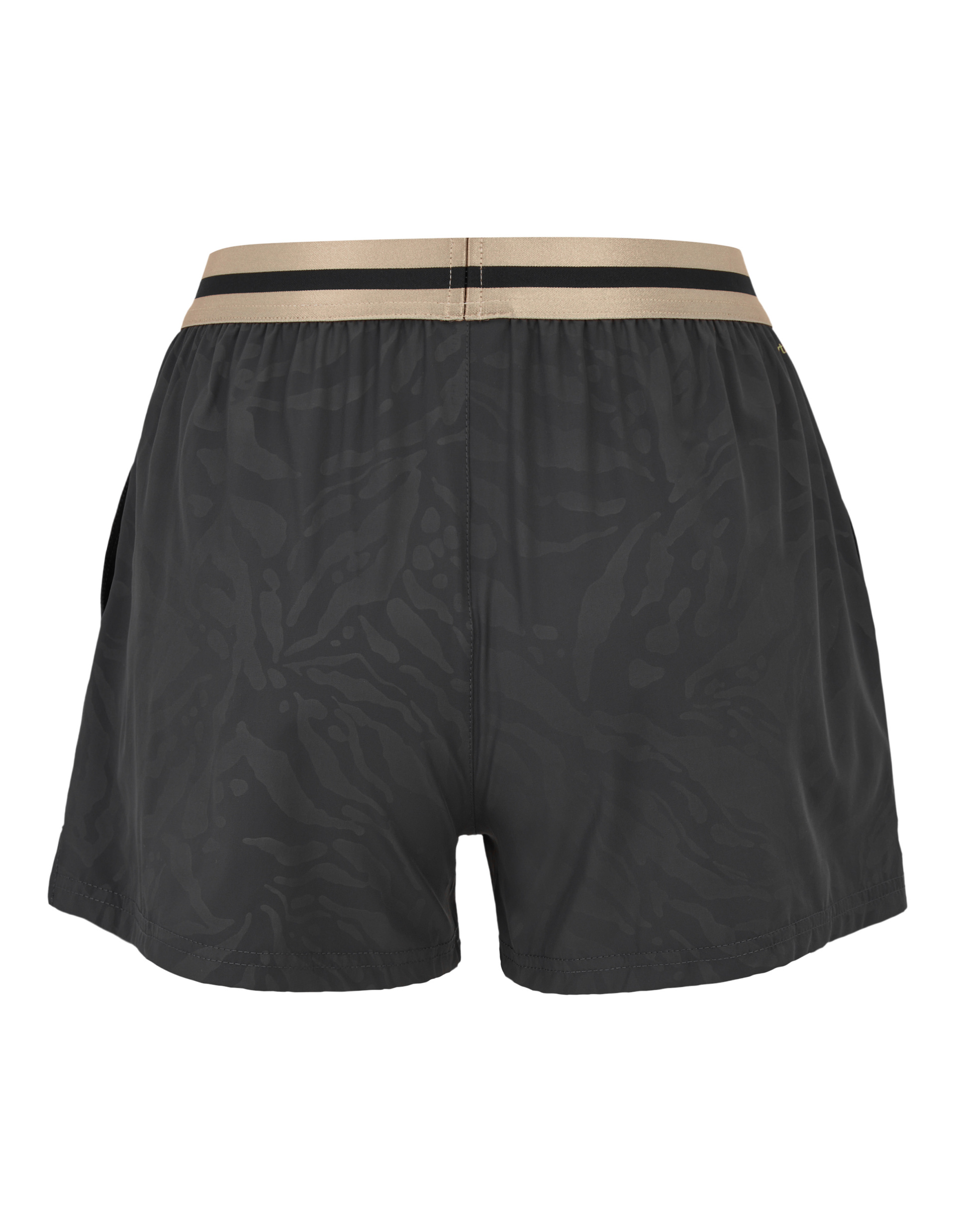 Schwarze Shorts mit dezentem Muster, elastischem beige-schwarzen Bund und kurzen Beinen, Rückansicht.
