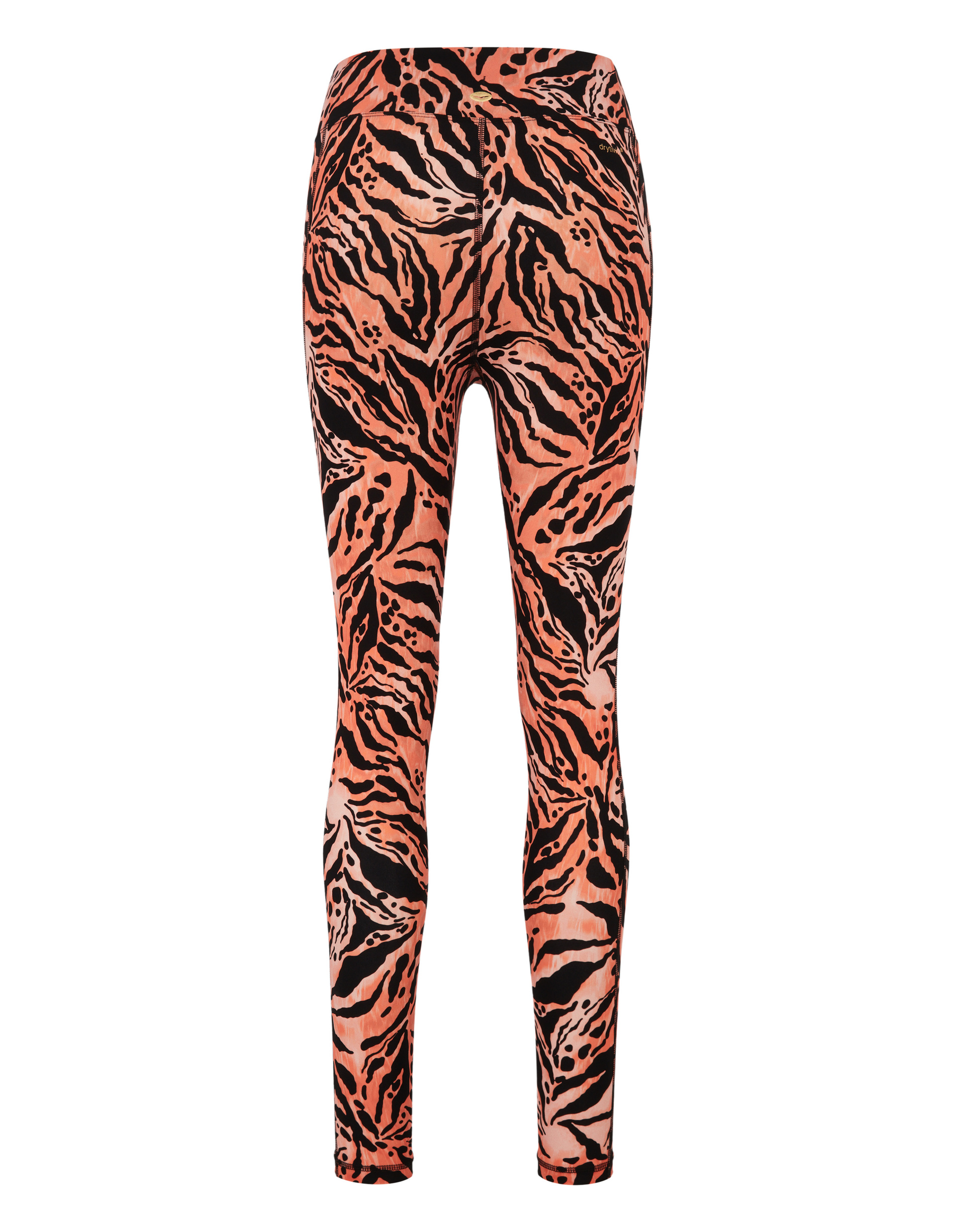Rote Leggings mit einem auffälligen schwarzen Tigerstreifenmuster, die die gesamte Fläche der Hose bedecken.