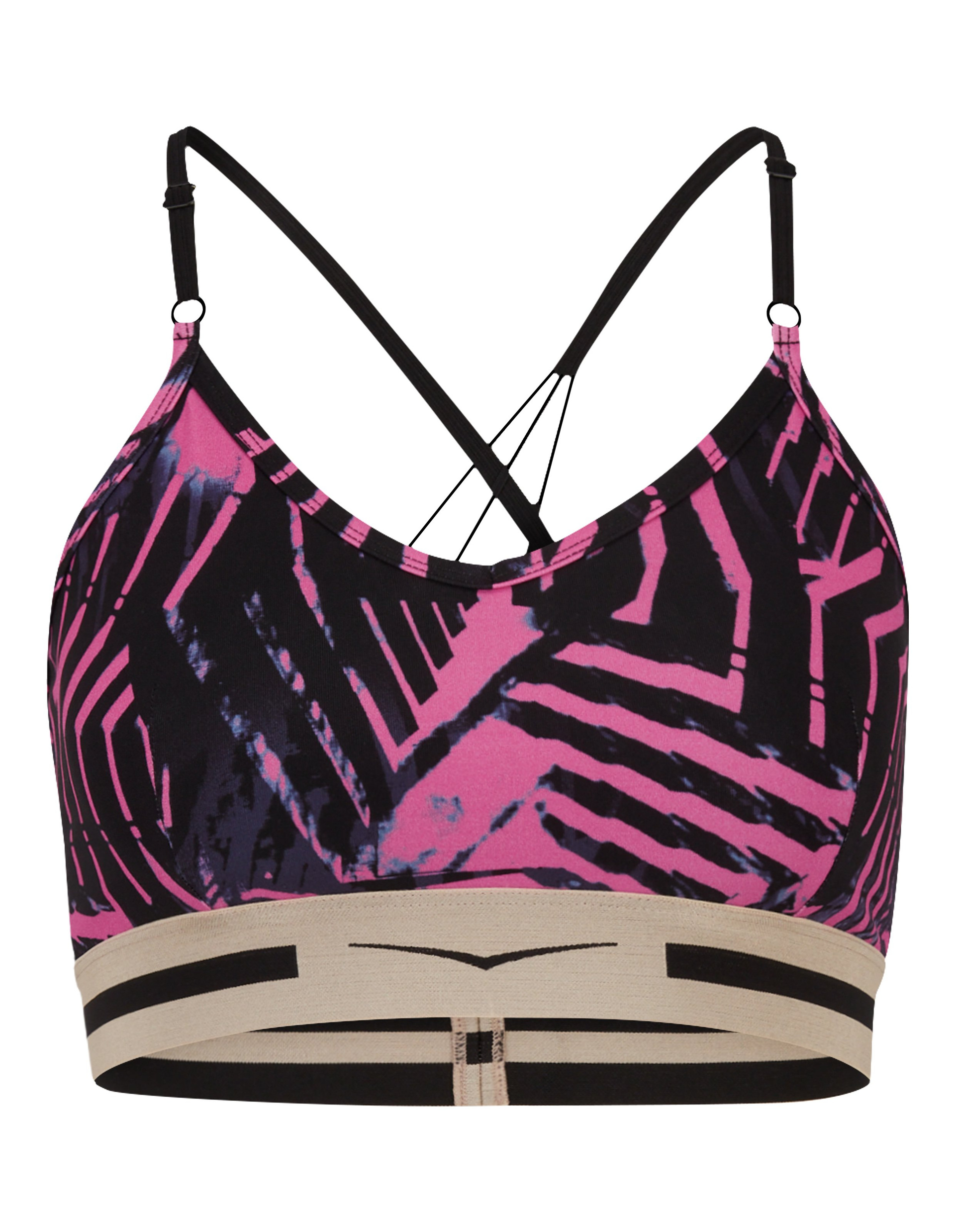 Sport-BH mit pinkem Batikmuster, schwarzen Trägern und beige-schwarzem Bund mit Reißverschluss.