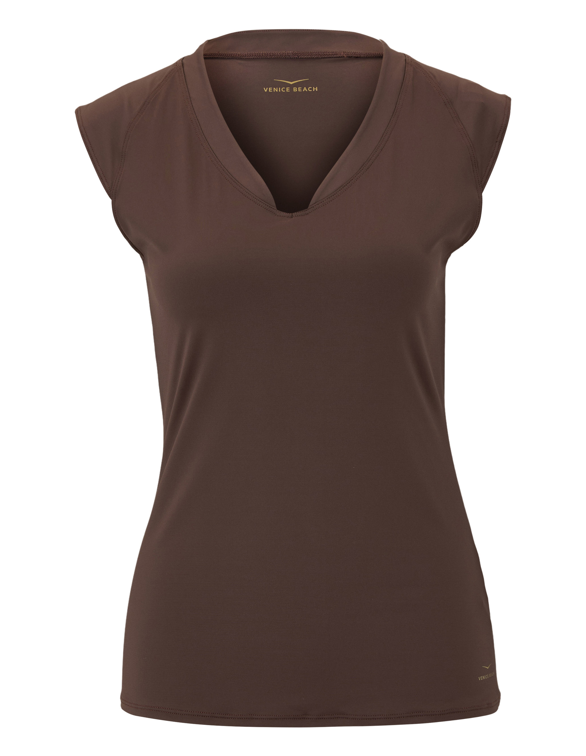 Ein braunes T-Shirt mit V-Ausschnitt und kurzen Ärmeln, das lässig fällt.