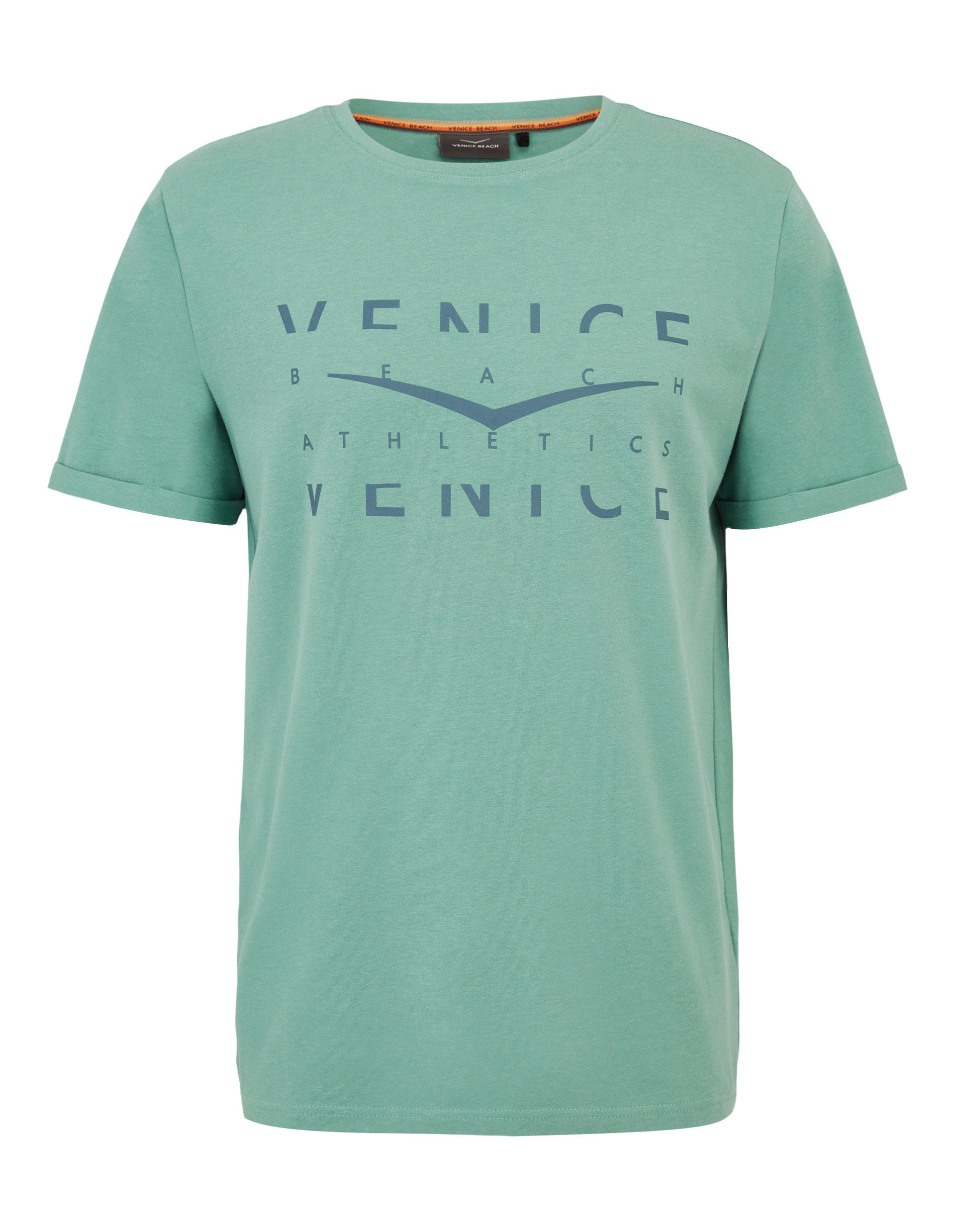 Ein mintgrünes T-Shirt mit einem dunkelblauen "VENICE BEACH ATHLETICS" Schriftzug und einem Flügelmotiv.