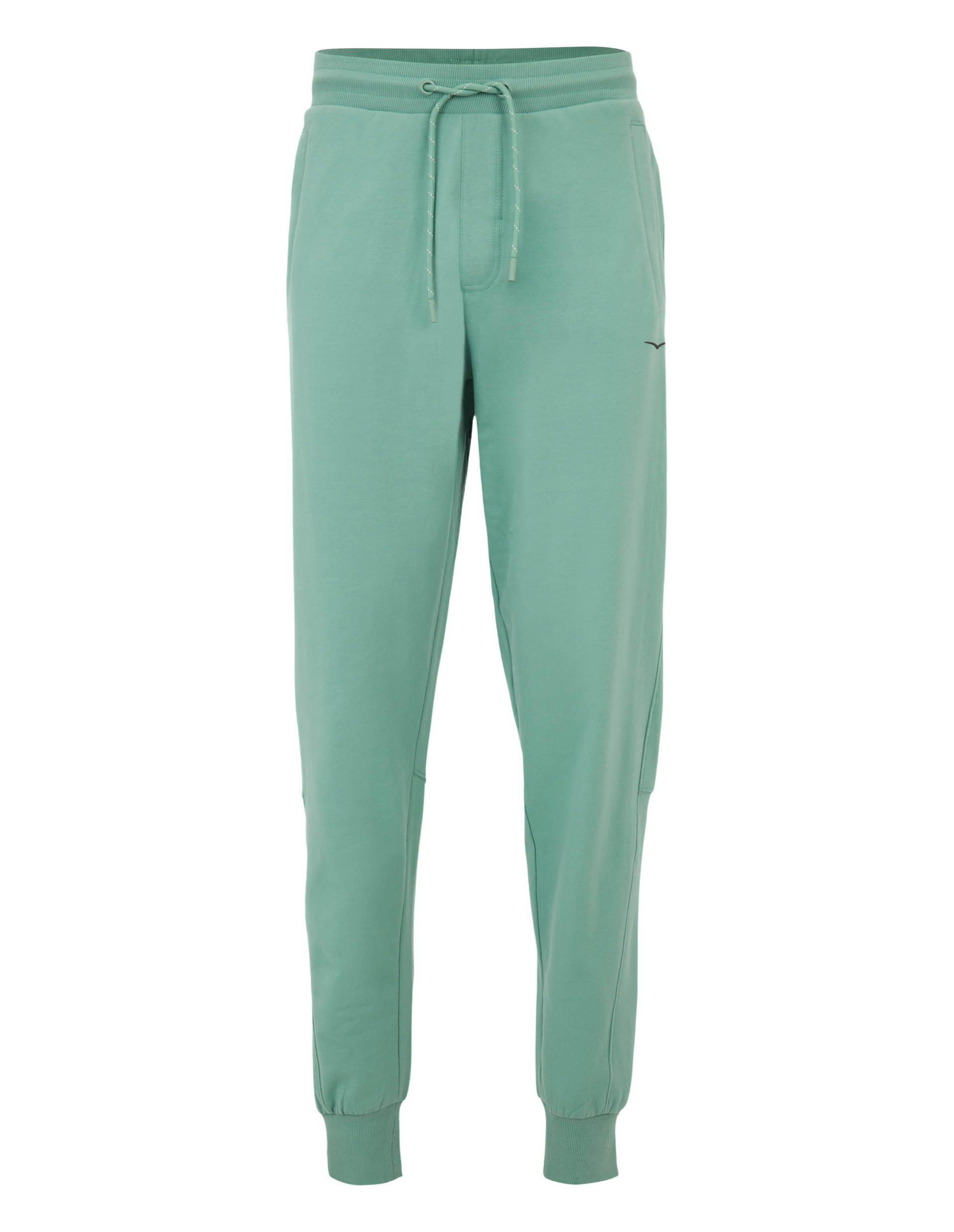 Grüne Jogginghose mit elastischem Bund und Kordelzug, seitlichen Taschen und Bündchen an den Knöcheln für bequemen Sitz.