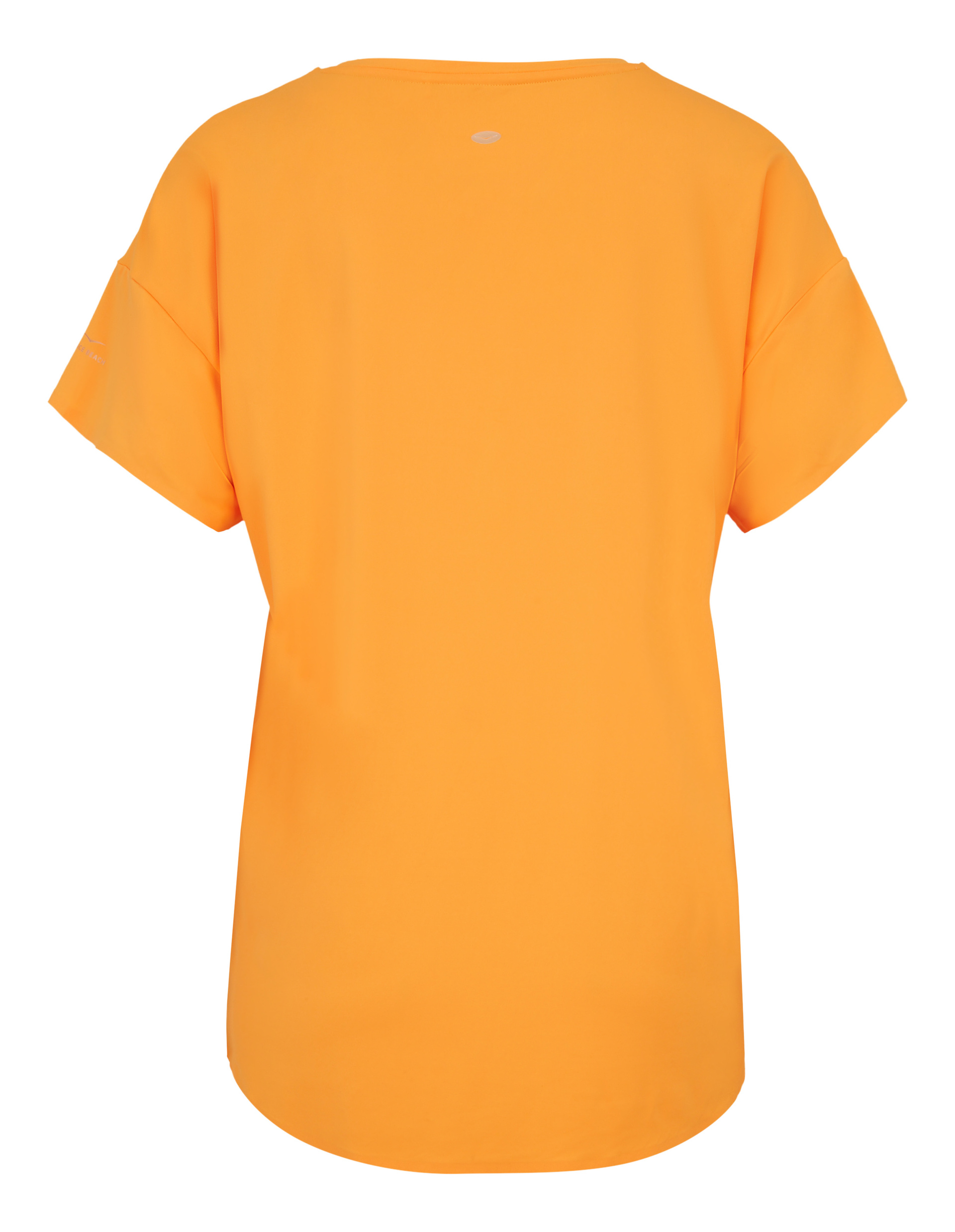 Ein einfaches, kurzärmeliges T-Shirt in leuchtendem Orange, das von hinten gezeigt wird, ohne sichtbare Muster oder Grafiken.