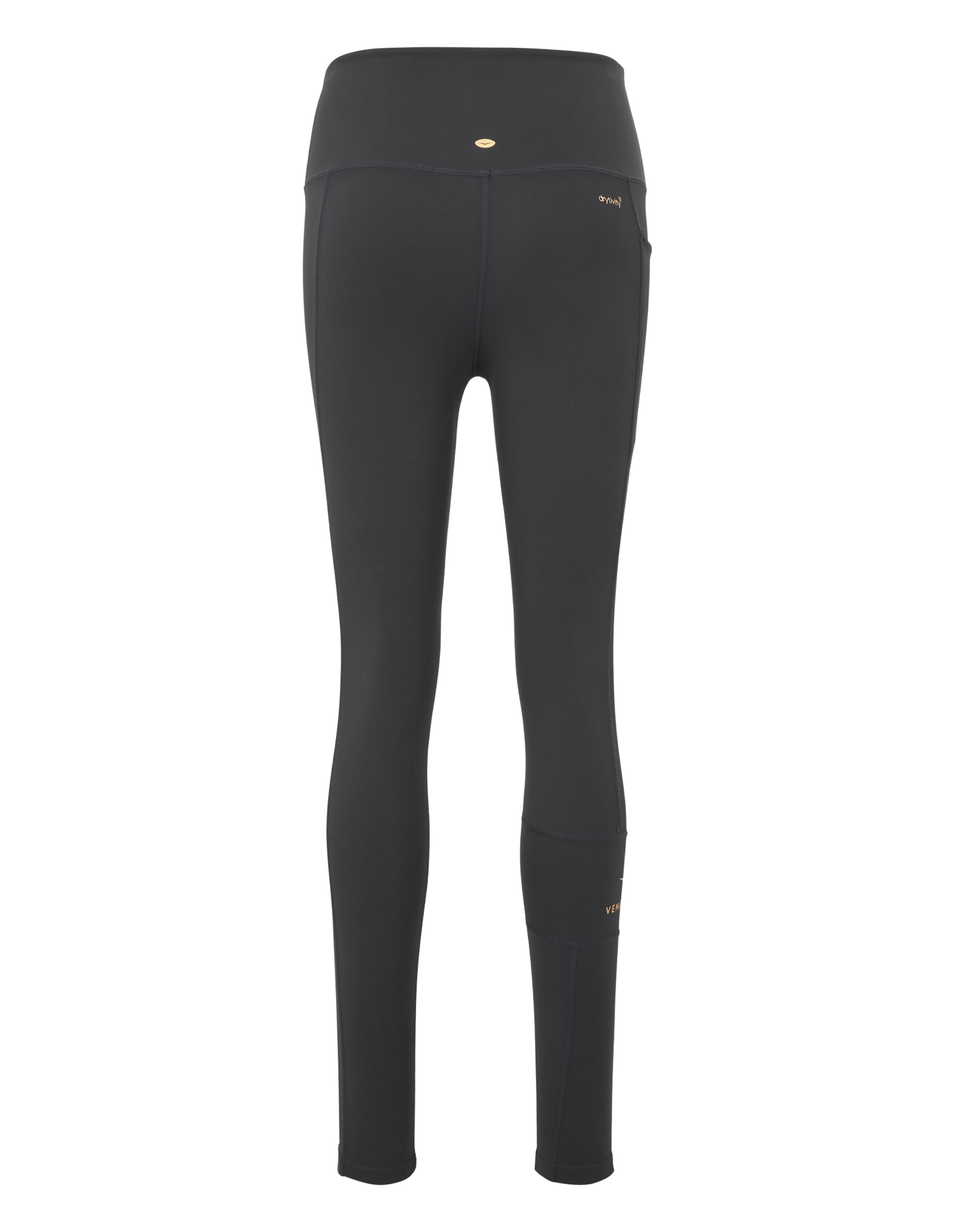 Schwarze Leggings mit hohem Bund und goldenen Akzenten, zeigt die Rückansicht mit dezentem Markenlogo an Hüfte und Waden.