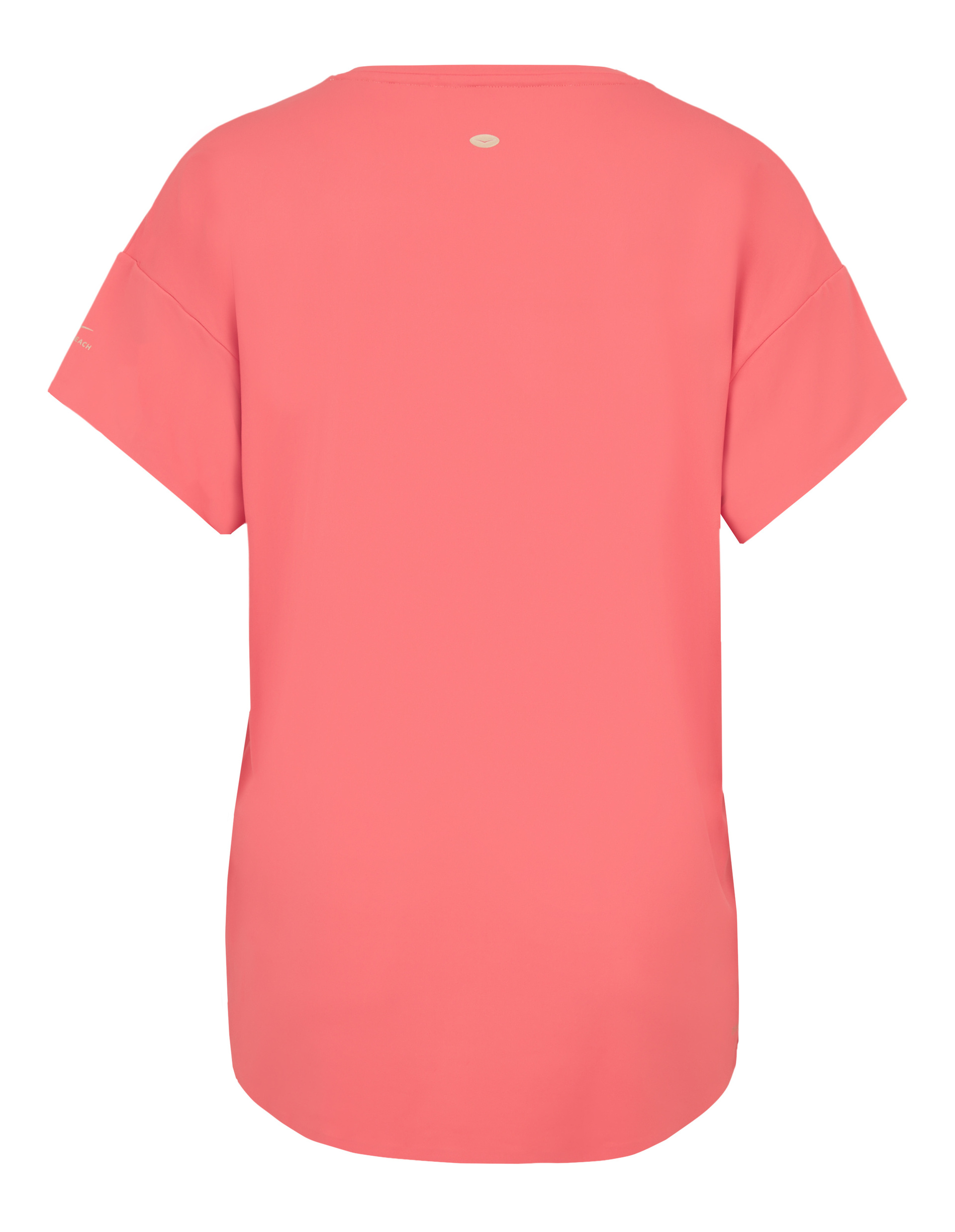 Rückansicht eines lachsfarbenen T-Shirts mit kurzen Ärmeln und rundem Halsausschnitt.