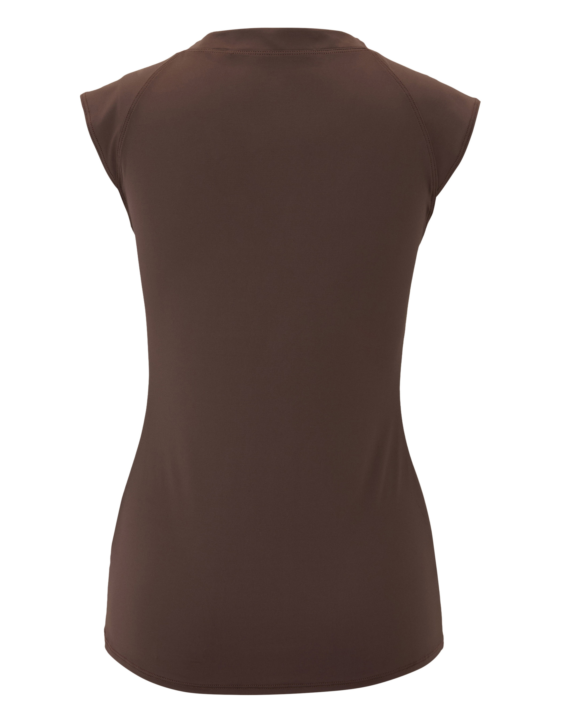 Ein braunes T-Shirt mit kurzen Ärmeln und einem figurbetonten Schnitt.