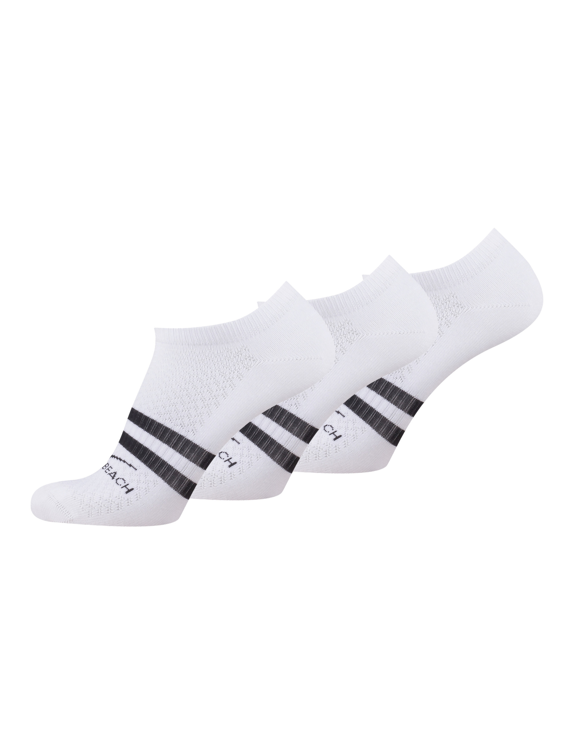 Drei weiße, kurze Socken mit schwarzen Streifen am Mittelfuß, gestapelt aufeinander in seitlicher Ansicht, zeigen ein schlichtes Design.