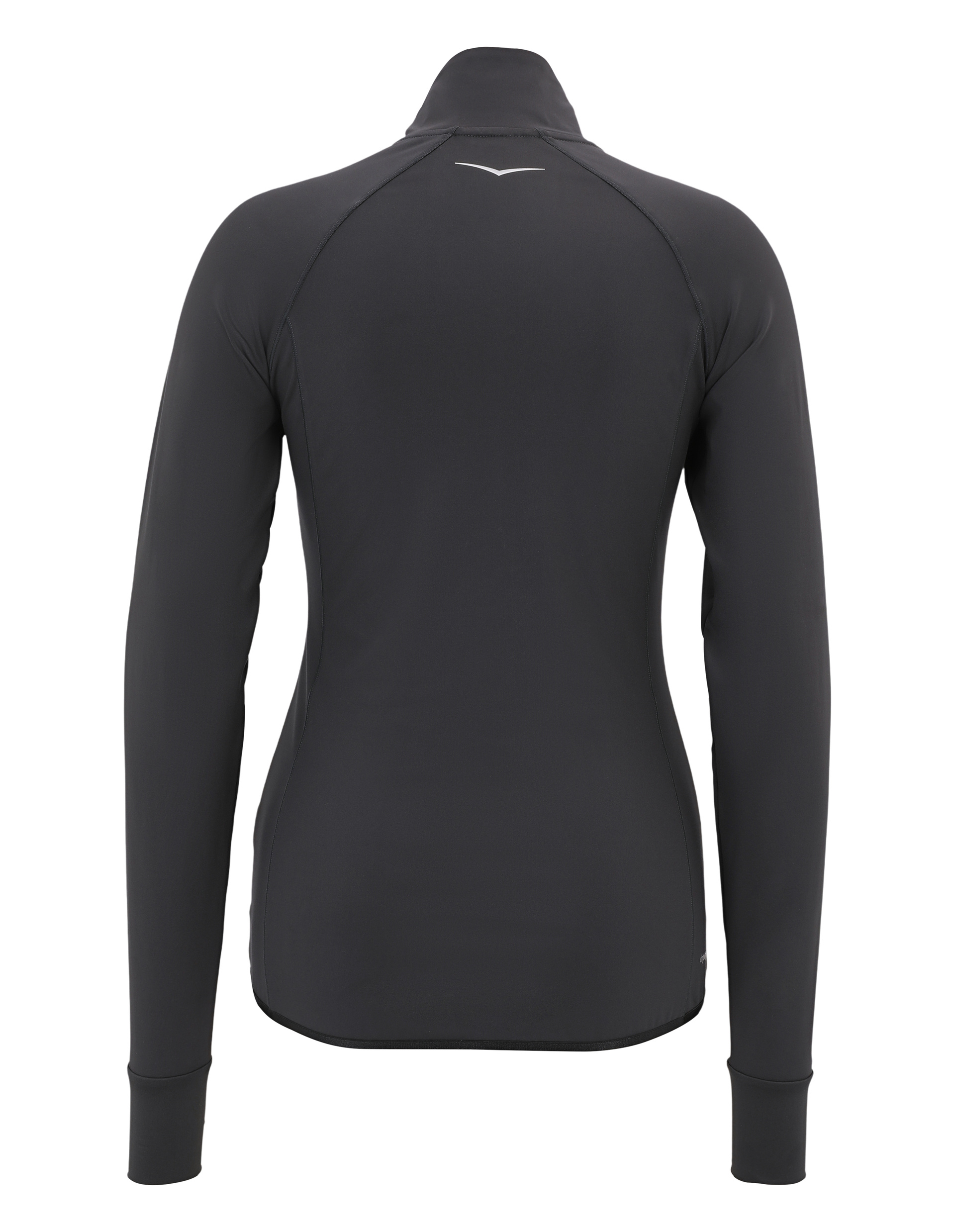 Schwarze Damenjacke mit Reißverschluss, hohem Kragen, langen Ärmeln, Daumenschlaufen und dezentem Logoaufdruck auf der Brust.