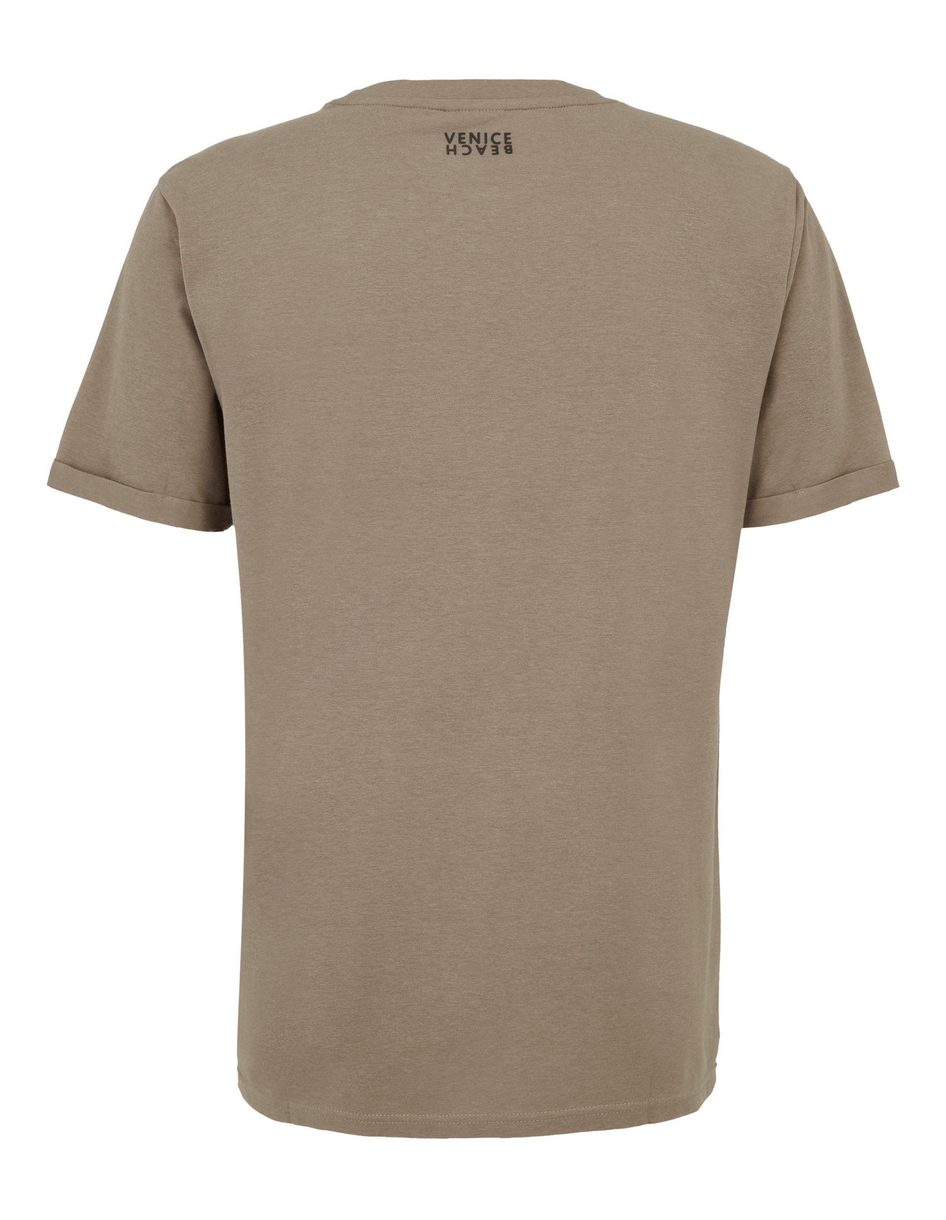 Beiges T-Shirt mit kurzen Ärmeln und rundem Halsausschnitt; Aufschrift "VENICE BEACH" klein unter dem Kragen auf der Rückseite.