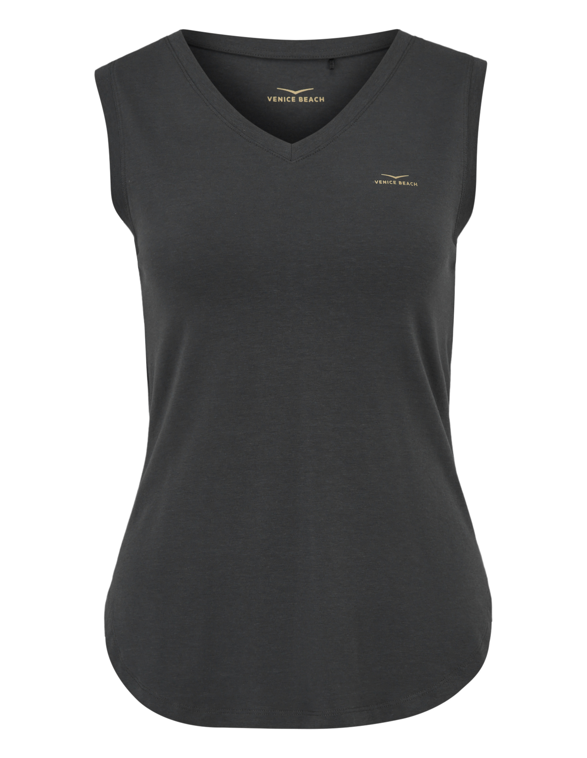 Ärmelloses, dunkelgraues Shirt mit V-Ausschnitt und kleinem, goldfarbenem "Venice Beach"-Logo auf der Brust.