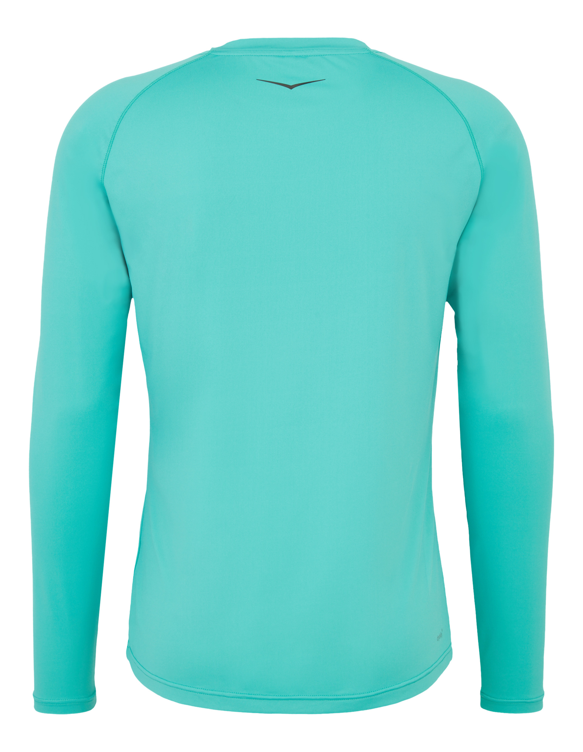 Ein türkisfarbenes Langarmshirt von hinten mit einem kleinen schwarzen Logo im Nackenbereich und Raglan-Ärmeln.