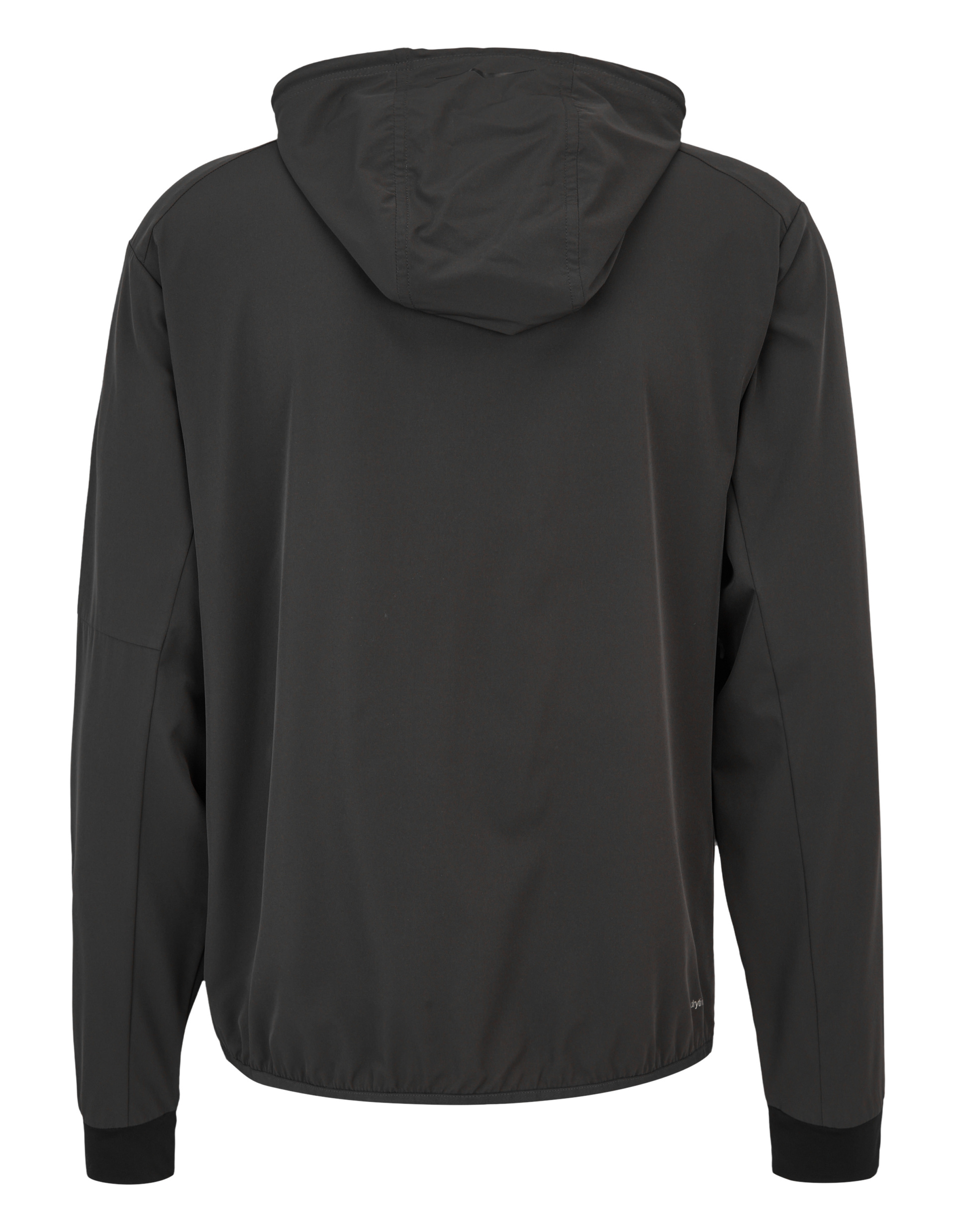 Schwarze Jacke mit Kapuze von hinten, leicht tailliert, lange Ärmel mit Bündchen, schlichtes Design ohne sichtbare Details.