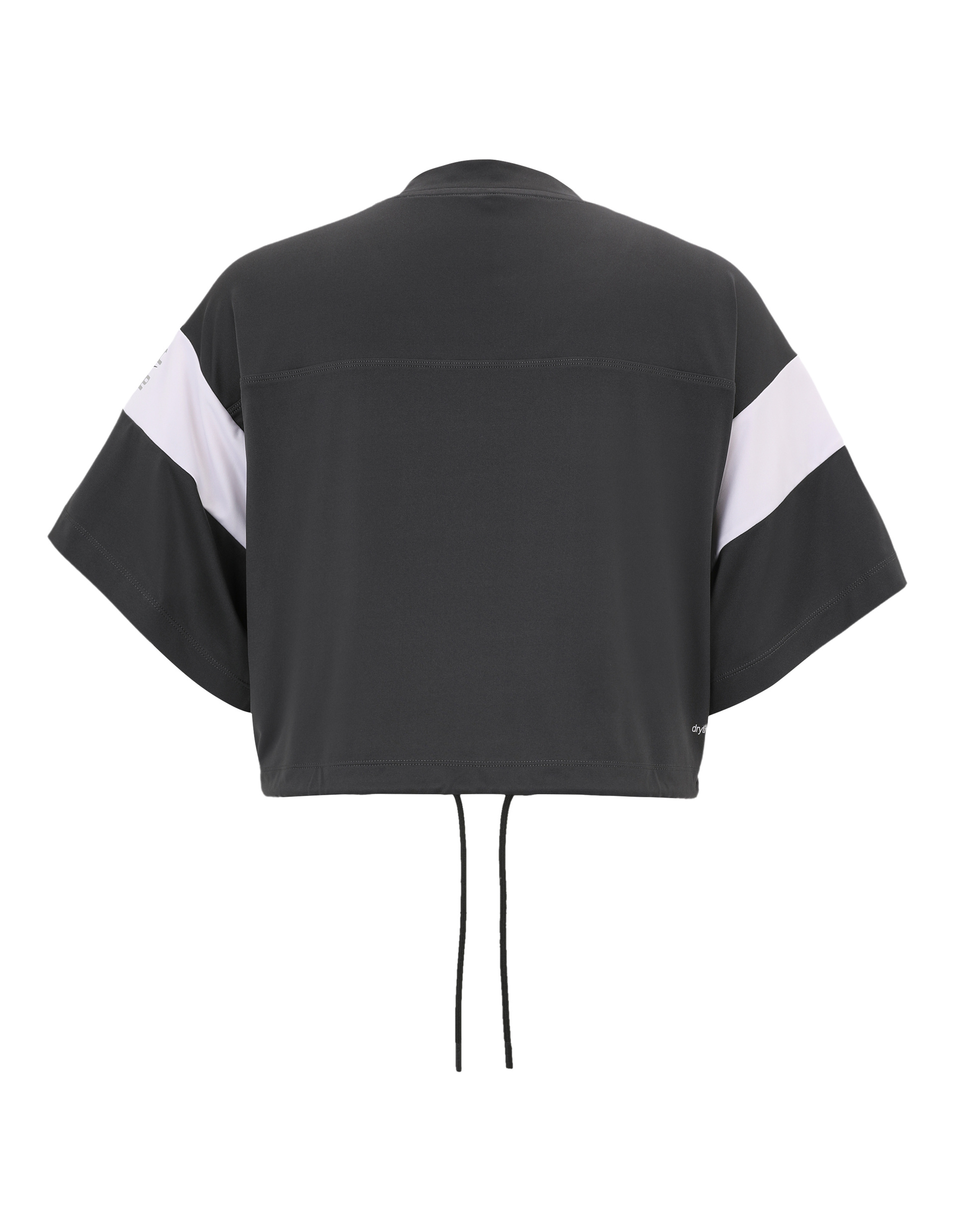 Schwarzes, kurz geschnittenes T-Shirt mit weißen Streifen auf den Ärmeln und Kordeln am Saum, von hinten gesehen.