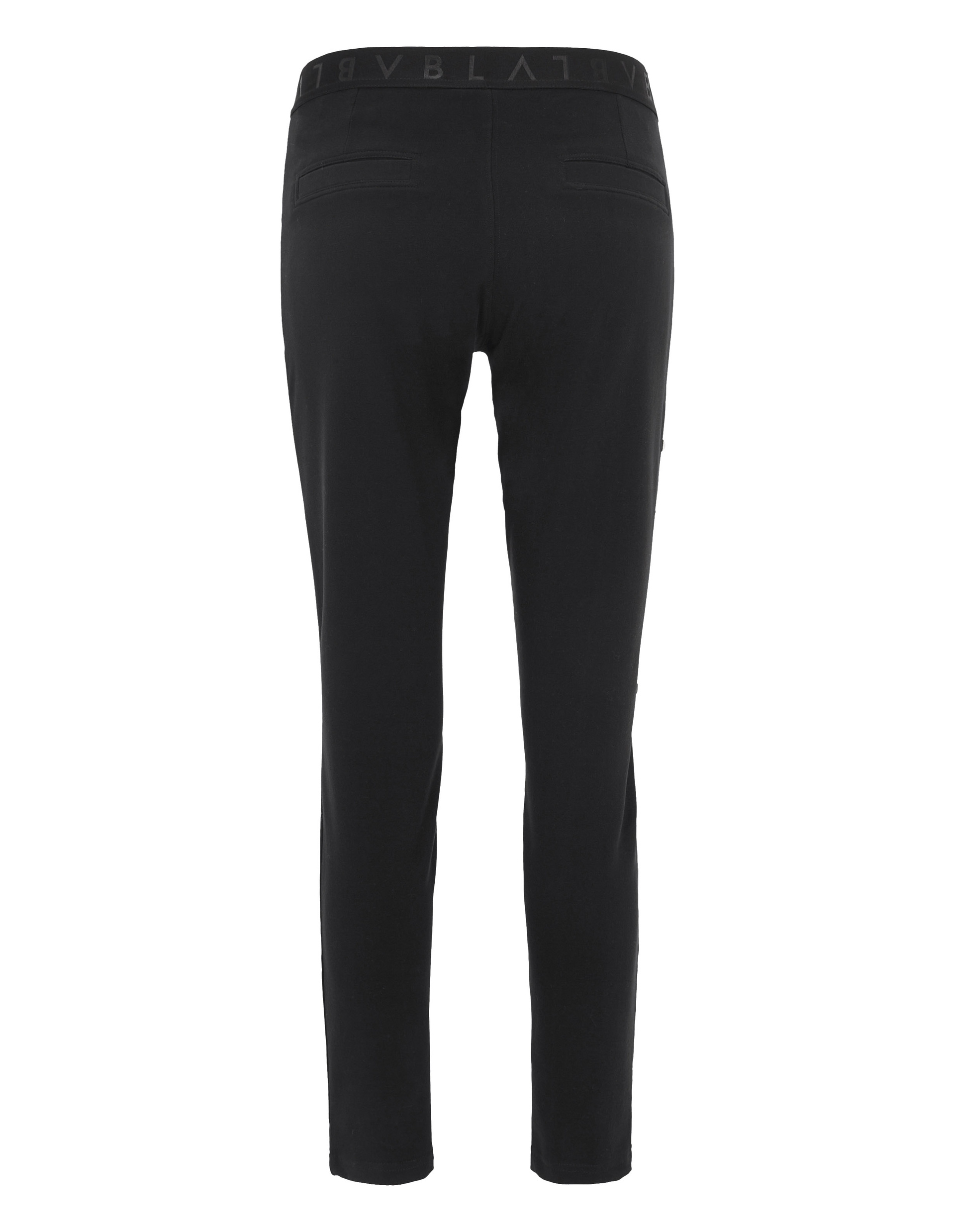 Schwarze Hose mit schmalem Schnitt, elastischem Bund mit Schriftzug und zwei angedeuteten Gesäßtaschen, von hinten gezeigt.