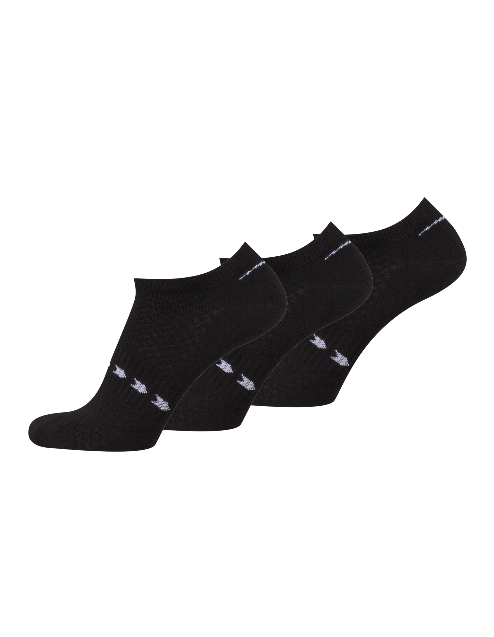 Drei Paar schwarze, knöchelhohe Socken mit weißen Chevron-Mustern am Rand, ordentlich nebeneinander platziert.