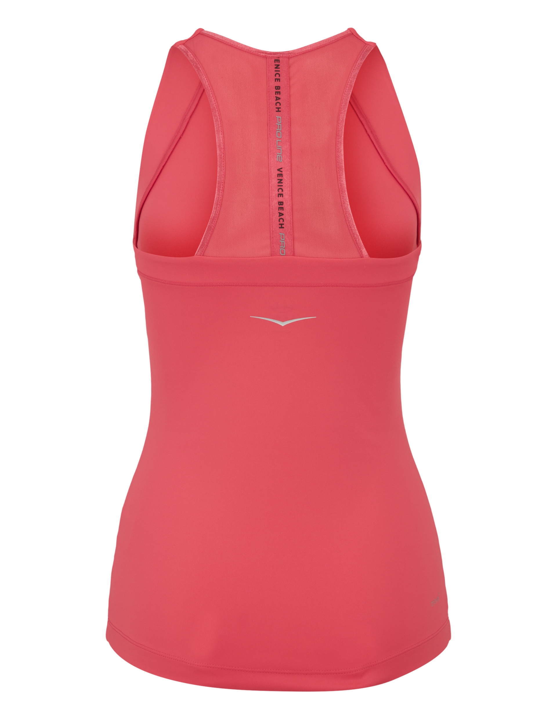 Rosa Sport-Top aus glattem Stoff mit Racerback-Design und vertikaler Schriftzug an der Rückseite entlang der Wirbelsäule.