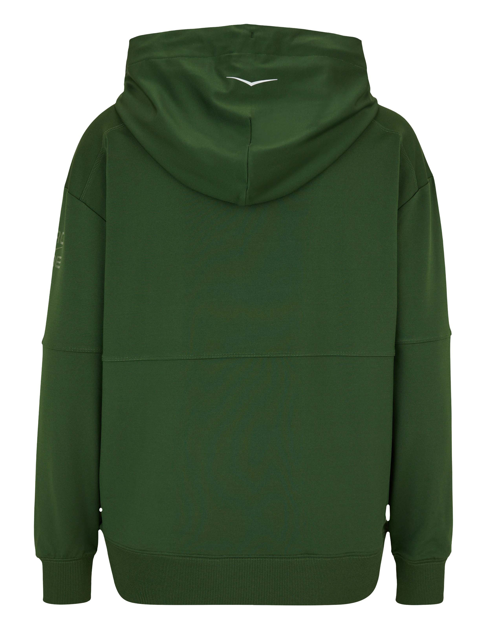 Dunkelgrüner Kapuzenpullover von hinten mit kleinem weißen Logo am oberen Rücken und gerippten Bündchen an Ärmeln und Saum.
