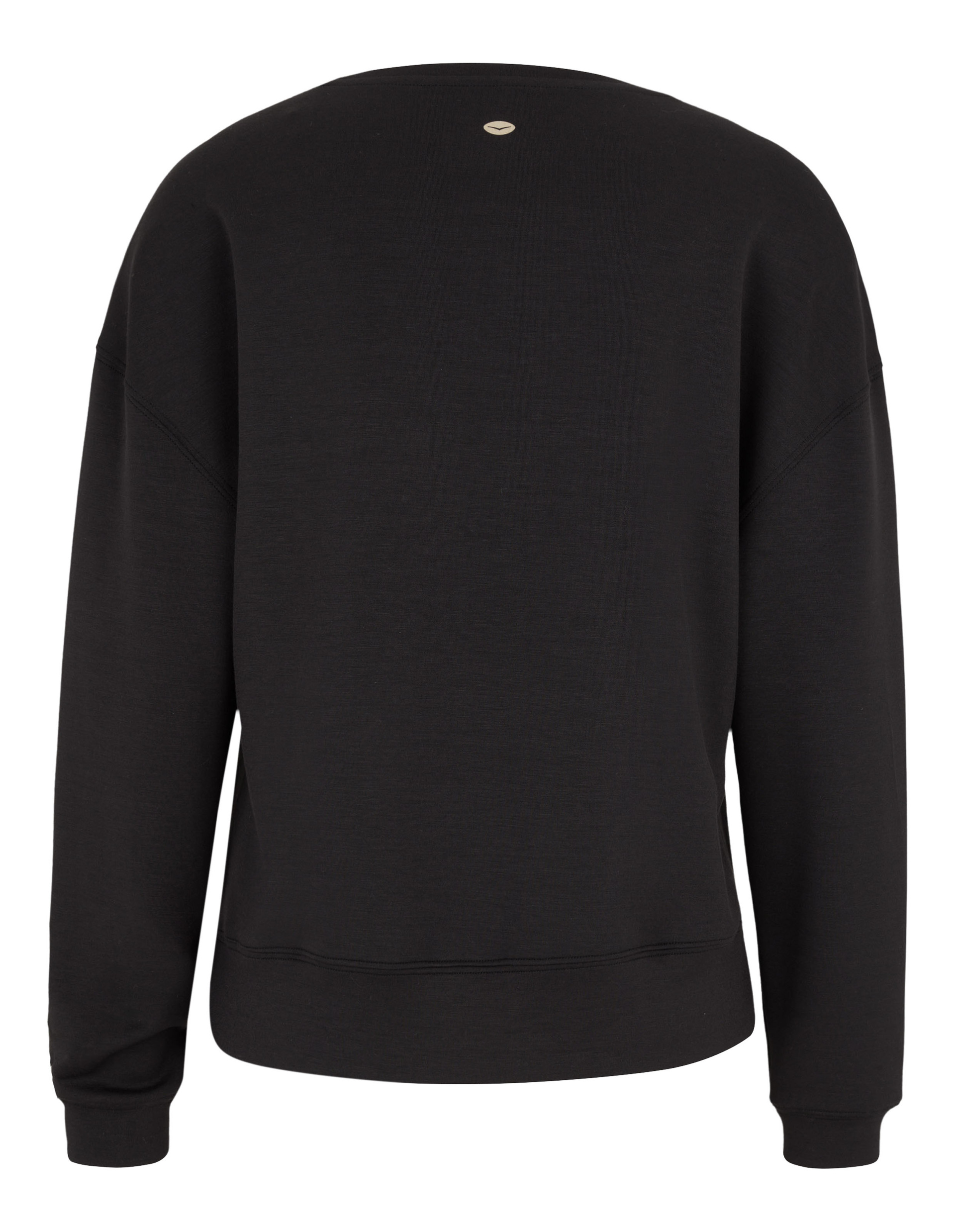 Schwarzer Pullover mit langen Ärmeln und Rundhalsausschnitt, schlichtes Design, kleines Logo am oberen Rücken.