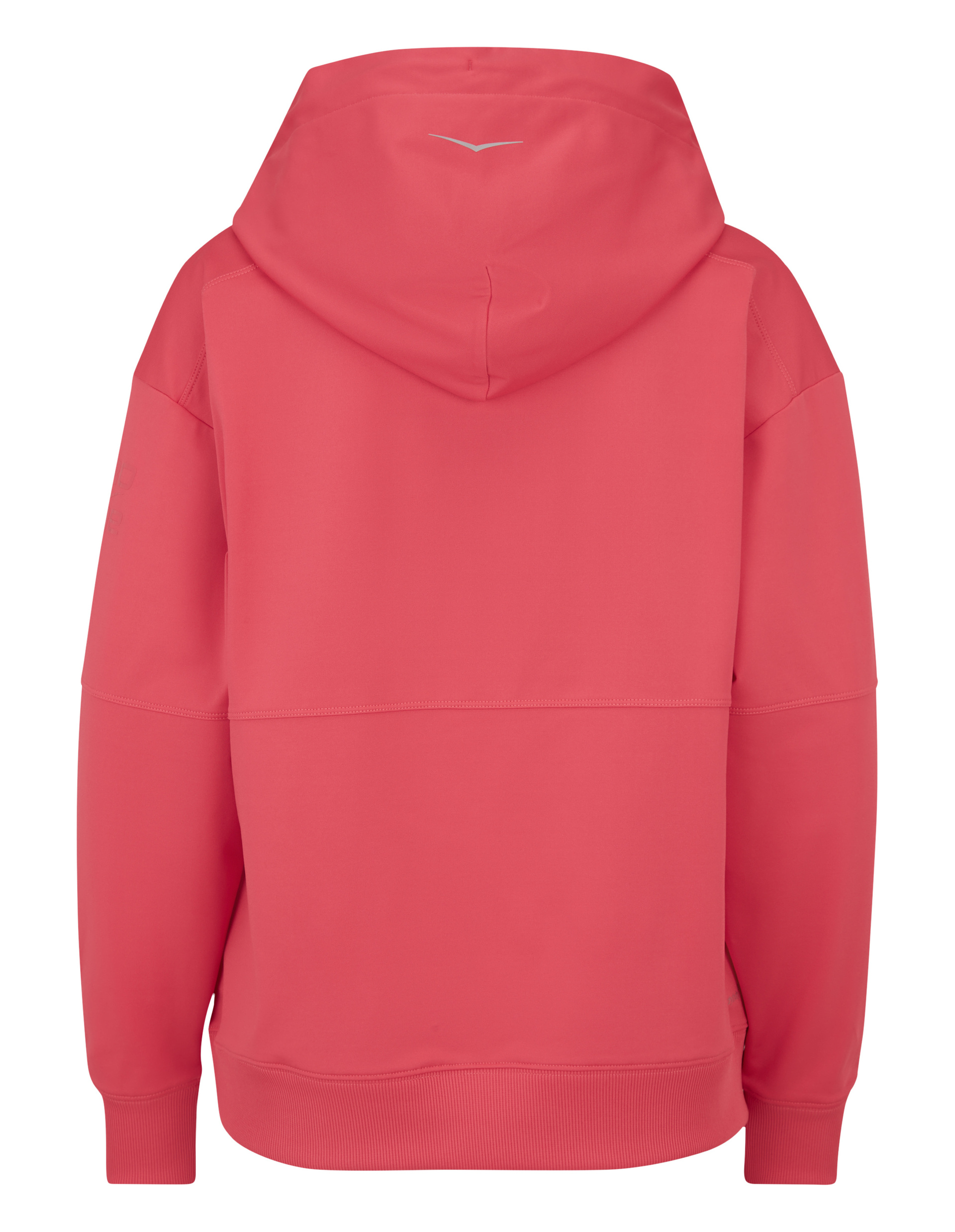 Rückansicht eines rosa Kapuzenpullovers mit dezentem Logo auf der Kapuze, gerippten Bündchen und Saum, gefertigt aus weichem Material.